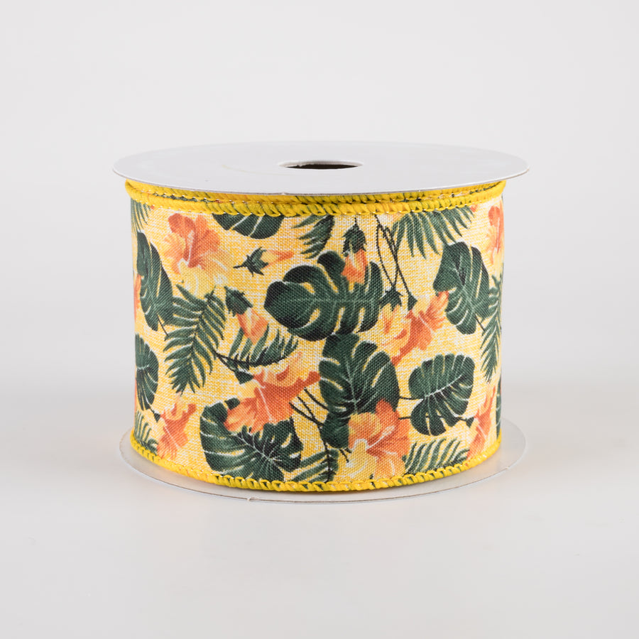 2.5" Hibiscus Monstera Leaves Ribbon: Yellow & Orange (10 Yards)