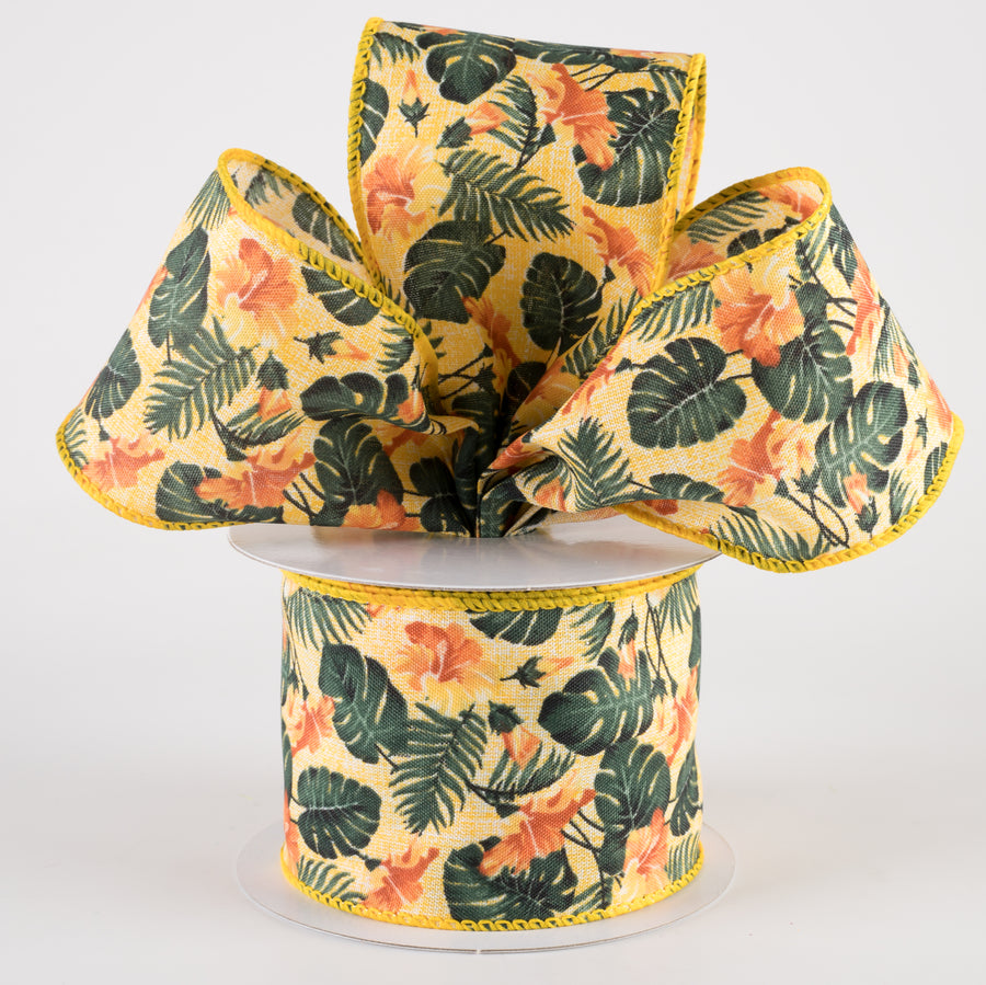2.5" Hibiscus Monstera Leaves Ribbon: Yellow & Orange (10 Yards) Lifestyle Photo