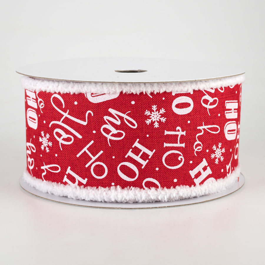 2.5" Ho Ho Ho Fuzzy Edge Ribbon: Red & White (10 Yards)