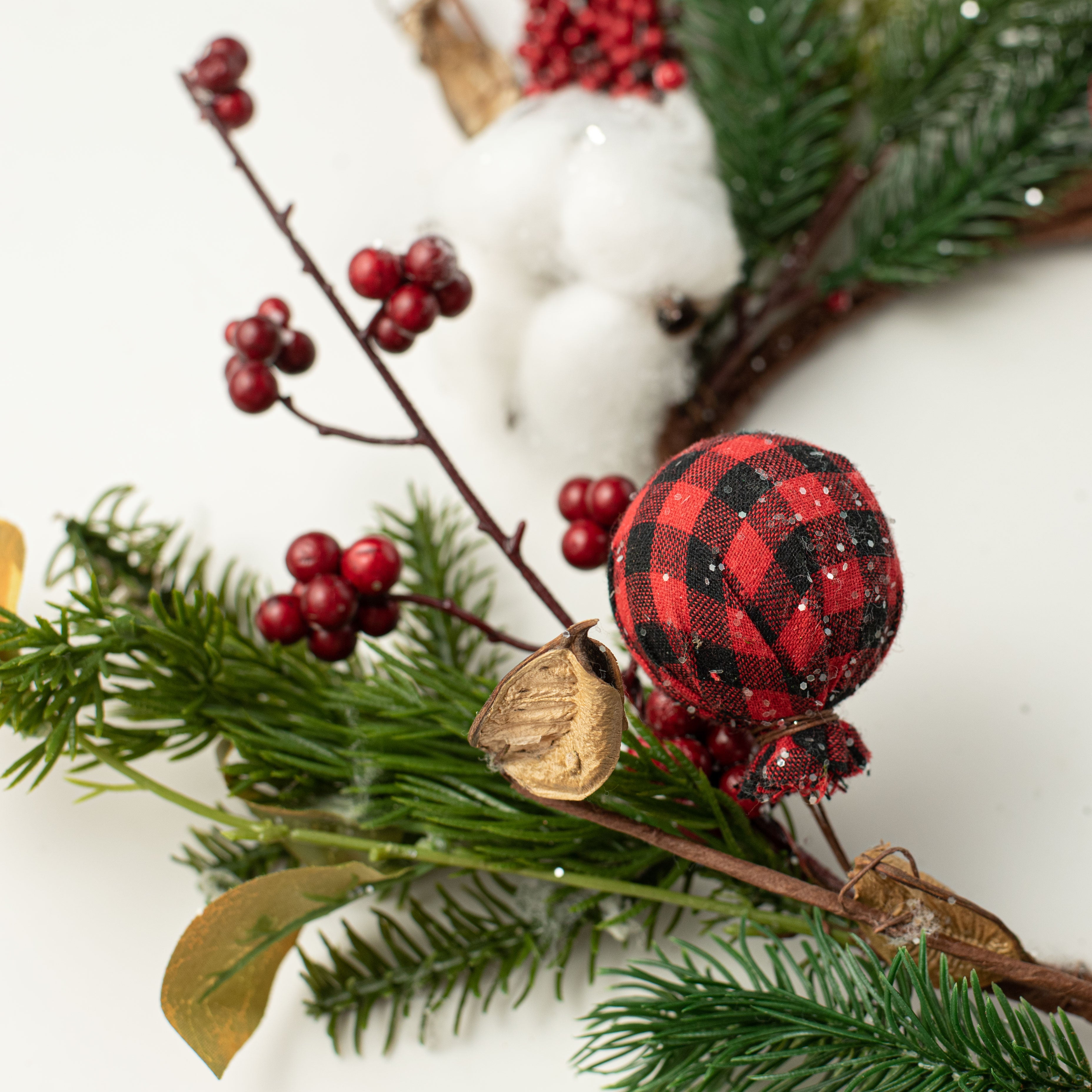 16" Holiday Buffalo Plaid Balls & Cotton Wreath detail photo 3