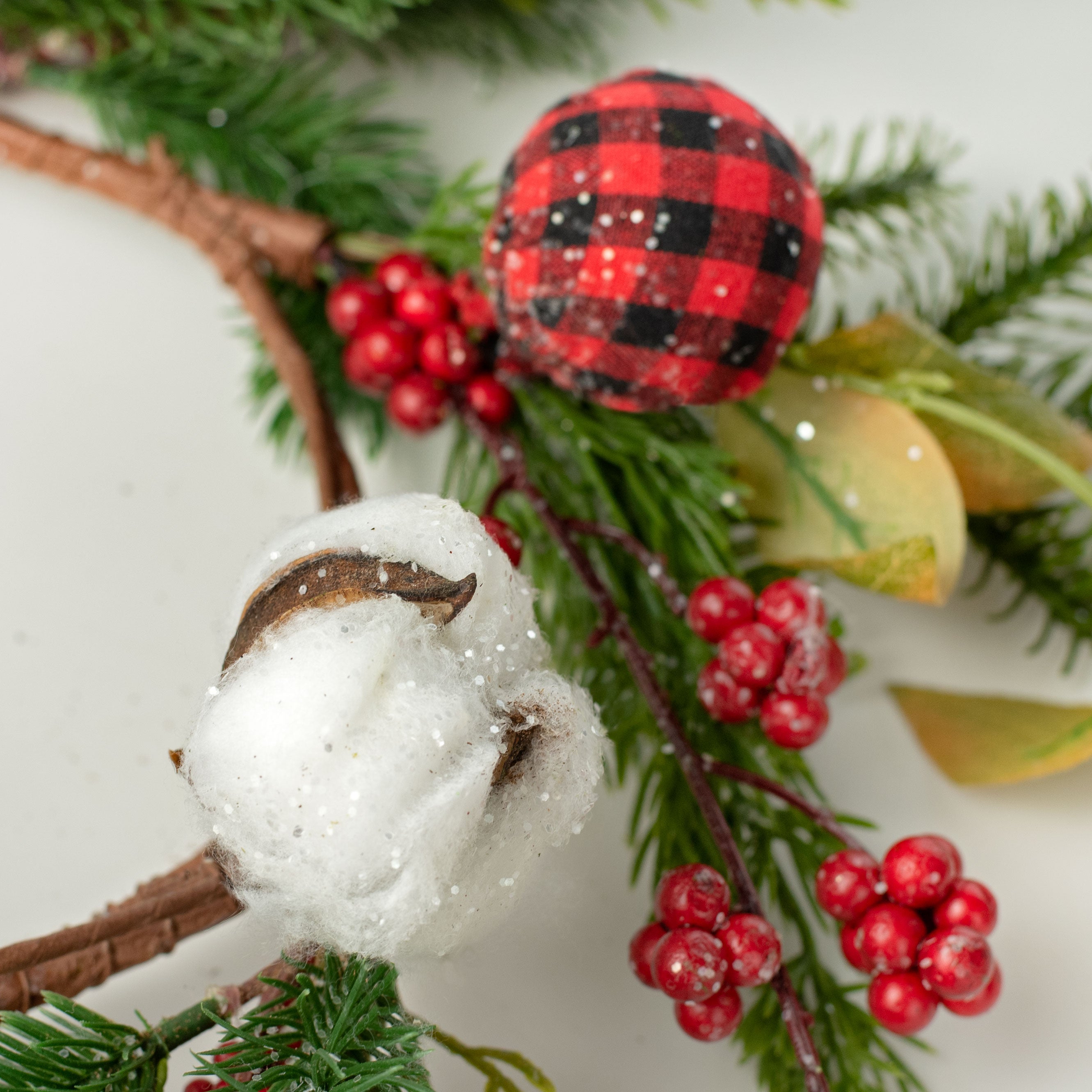 16" Holiday Buffalo Plaid Balls & Cotton Wreath detail photo 4