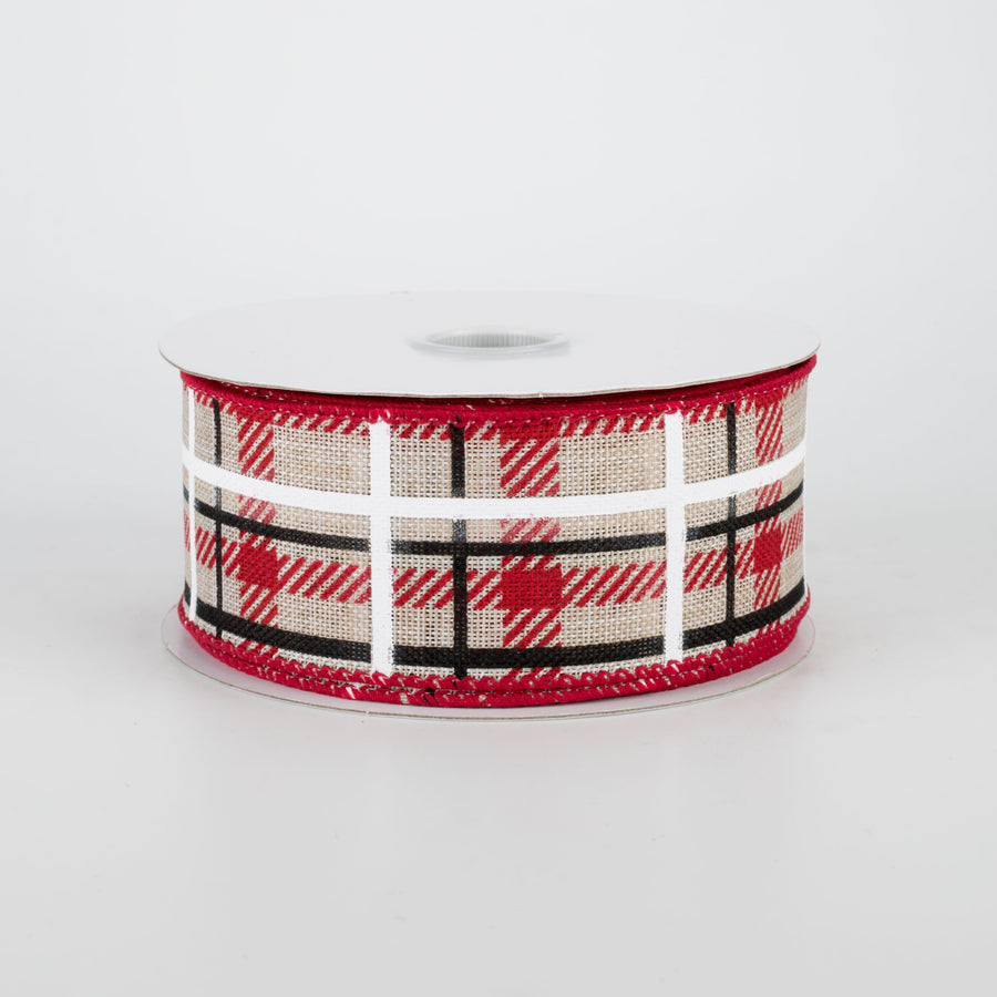 1.5" Holiday Plaid Ribbon: Ivory, Red, Black (10 Yards)