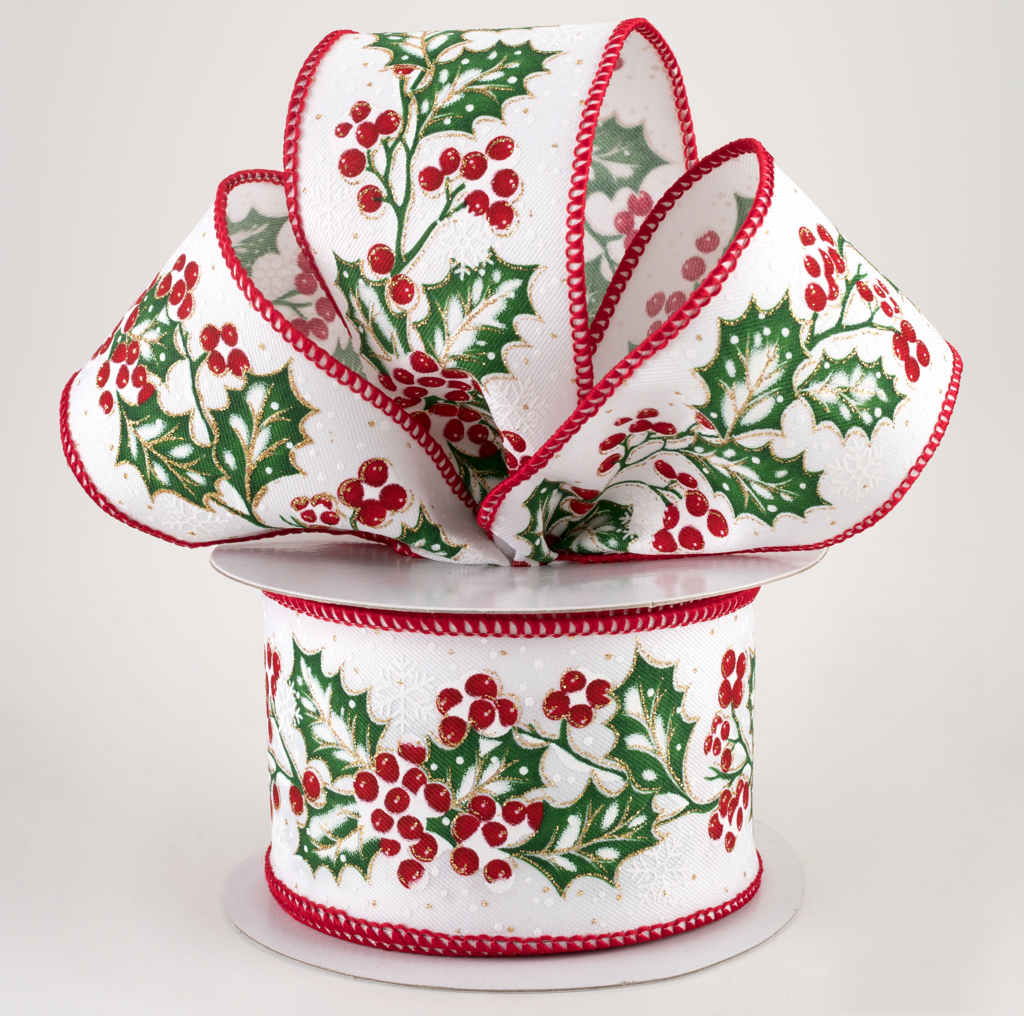 2.5" Holly Berries Snow Ribbon: White (10 Yards) Lifestyle Photo