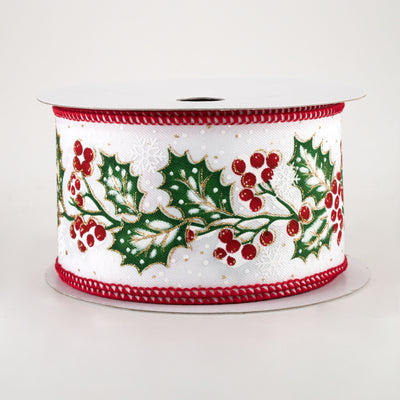 2.5" Holly Berries Snow Ribbon: White (10 Yards)