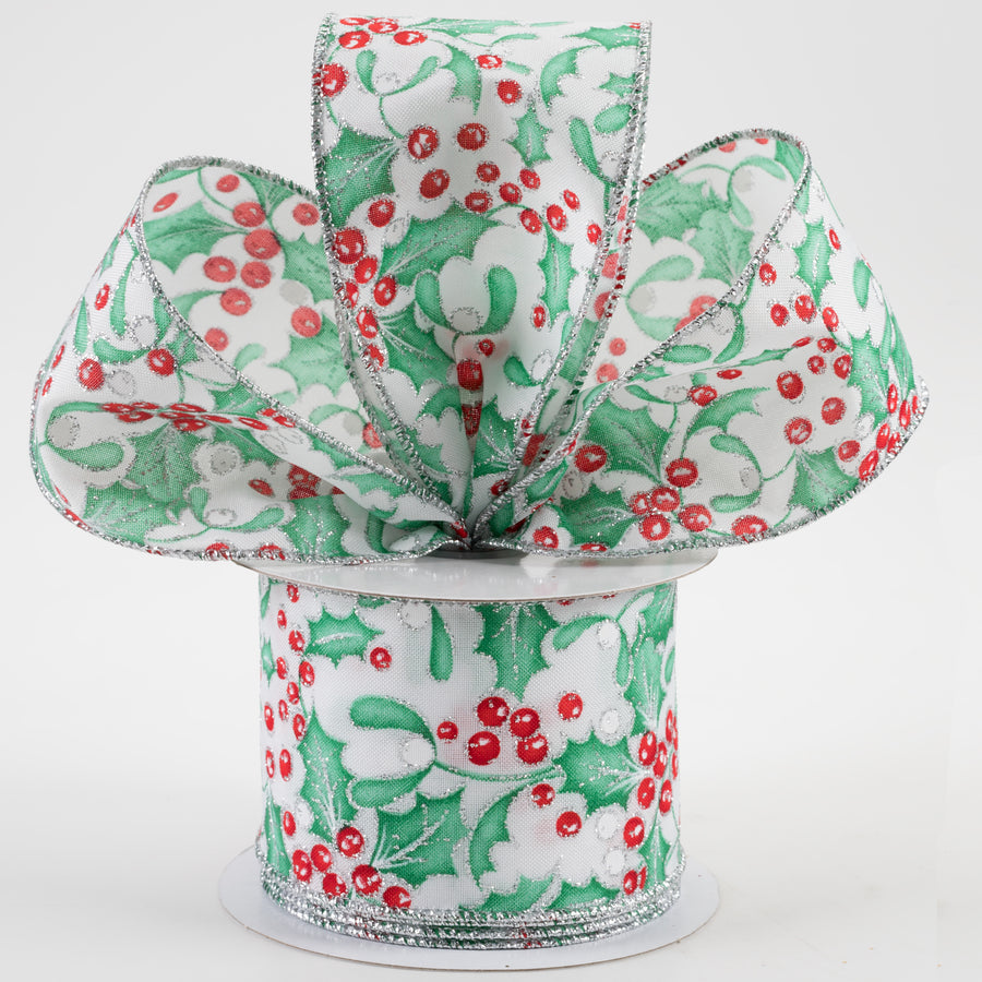 2.5" Holly Berry Mistletoe Ribbon: White, Mint, Jade, Red, Silver (10 Yards) Lifestyle Photo