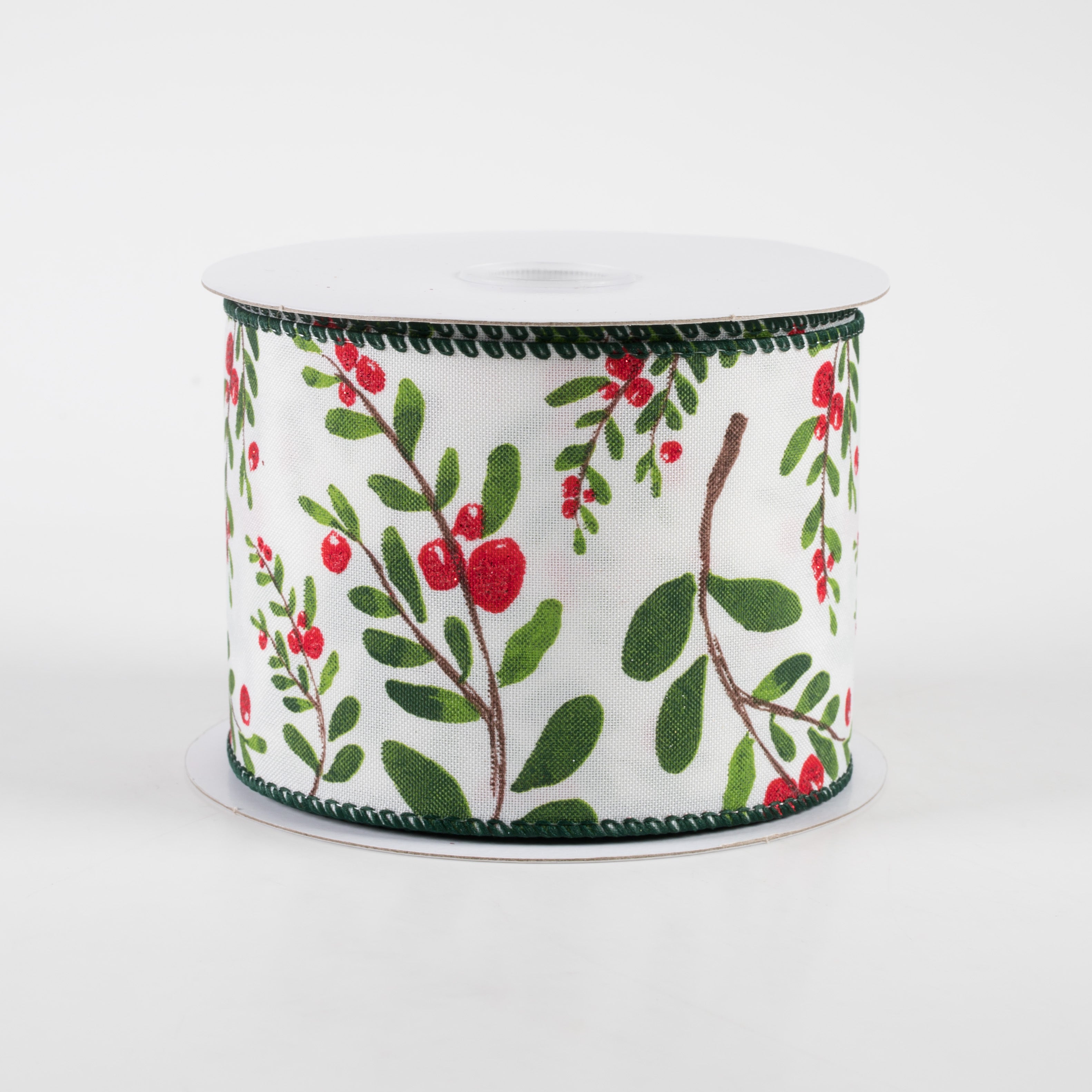 2.5" Holly Branches White Satin Ribbon (10 Yards)