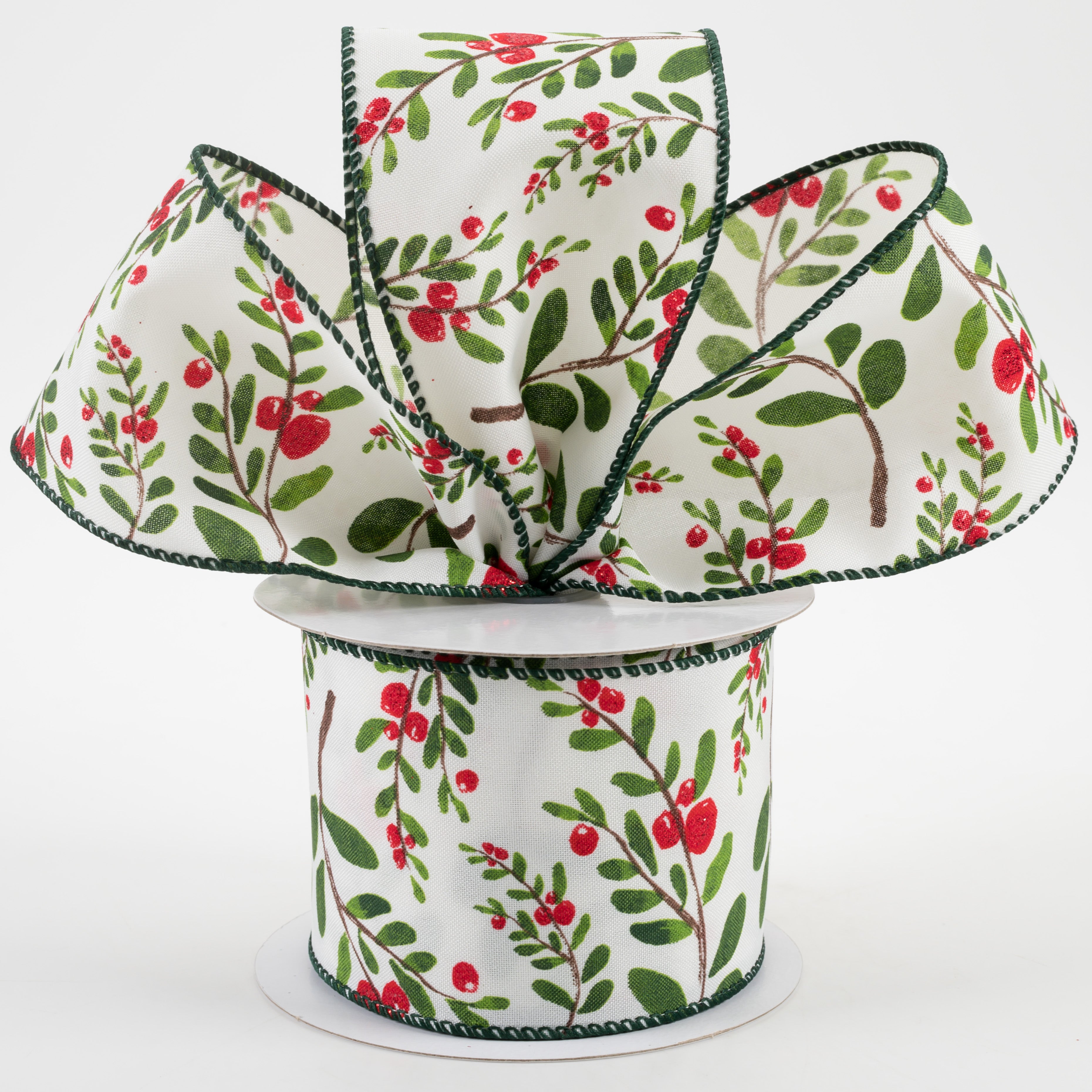 2.5" Holly Branches White Satin Ribbon (10 Yards) Lifestyle Photo