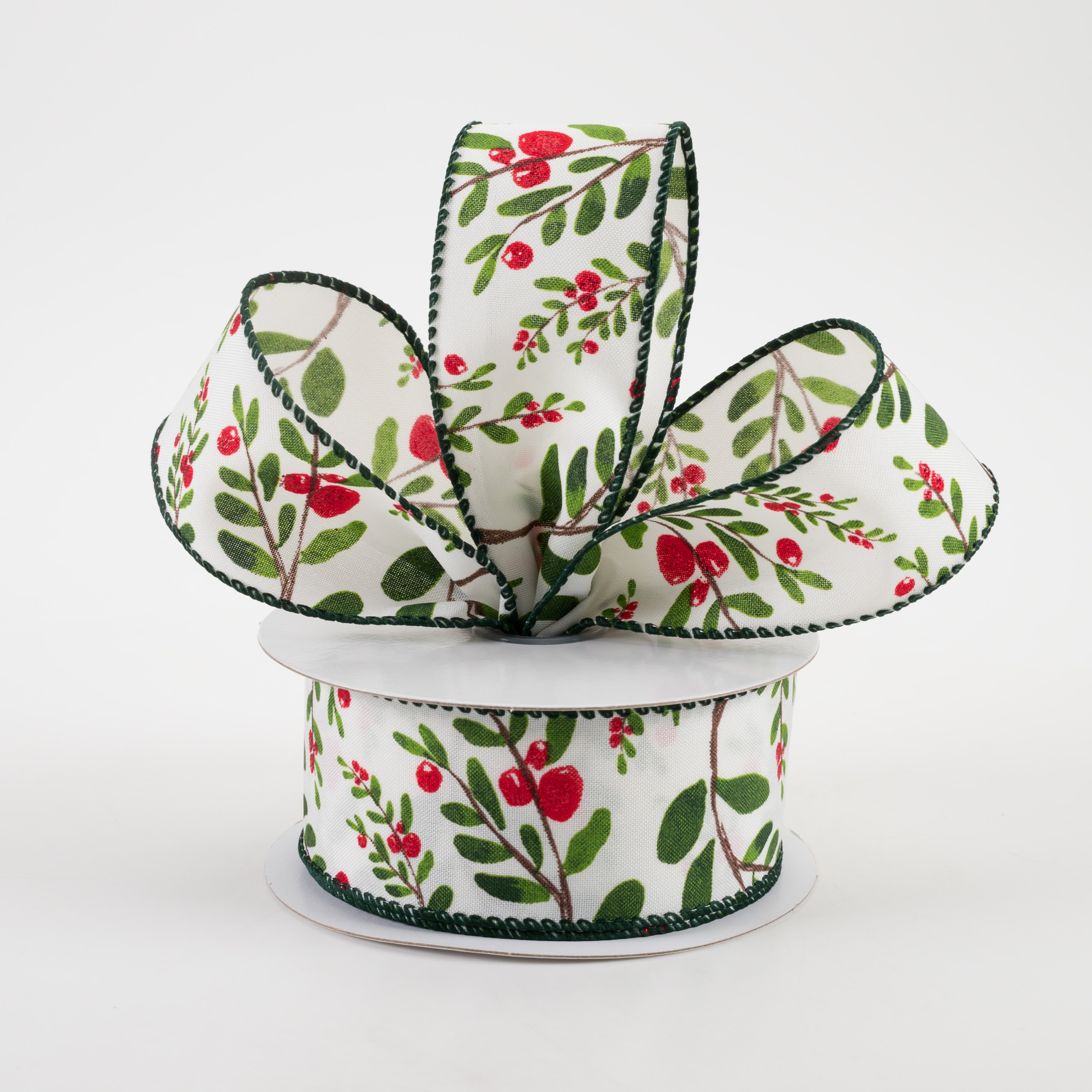 1.5" Holly Branches White Satin Ribbon (10 Yards) Lifestyle Photo