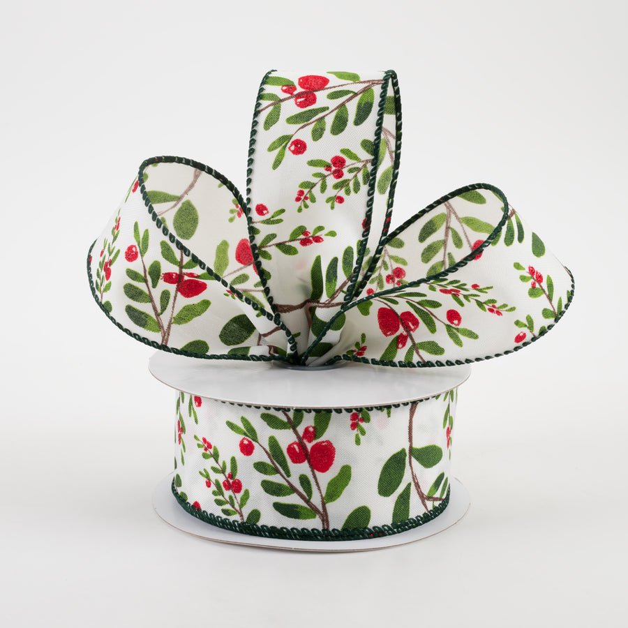 1.5" Holly Branches White Satin Ribbon (10 Yards) Lifestyle Photo