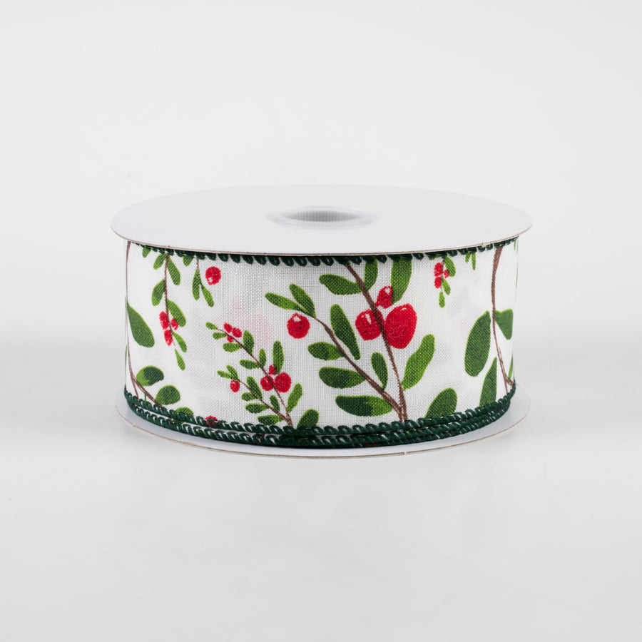 1.5" Holly Branches White Satin Ribbon (10 Yards)