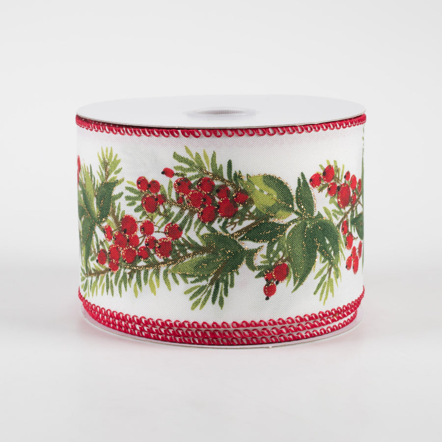 2.5" Holly Garland White Satin Ribbon (10 Yards)