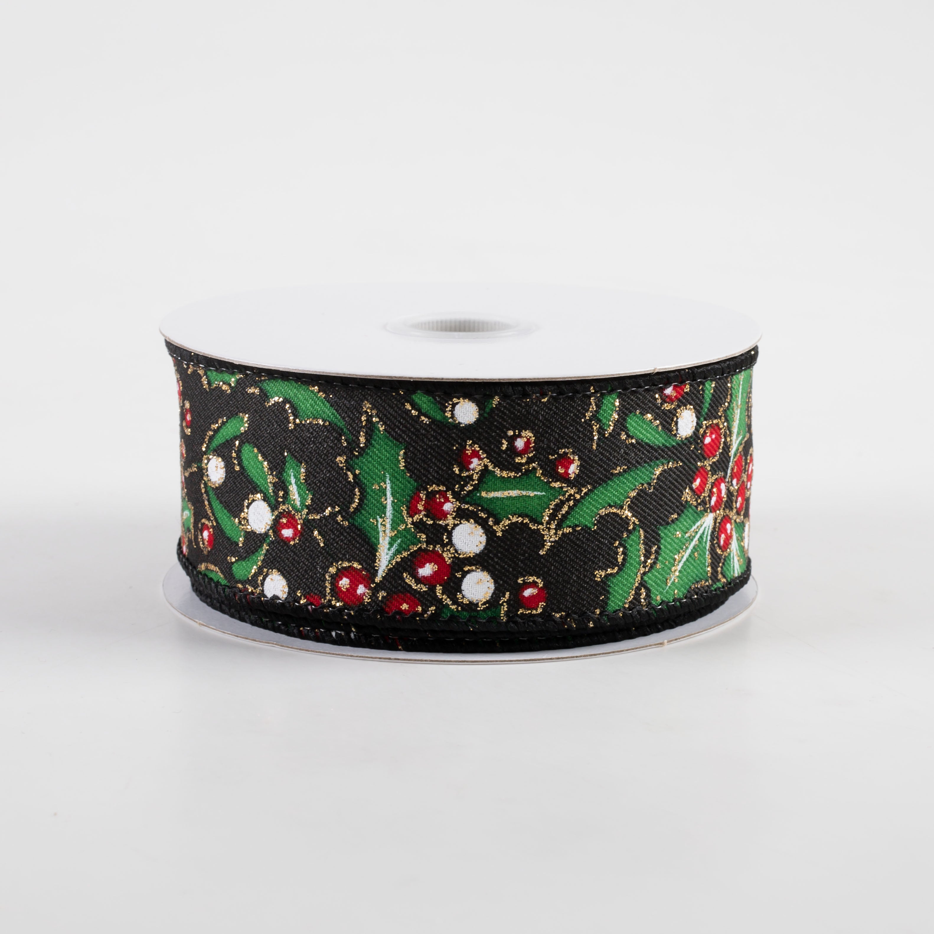 1.5" Holly Gold Glitter Ribbon: Black (10 Yards)