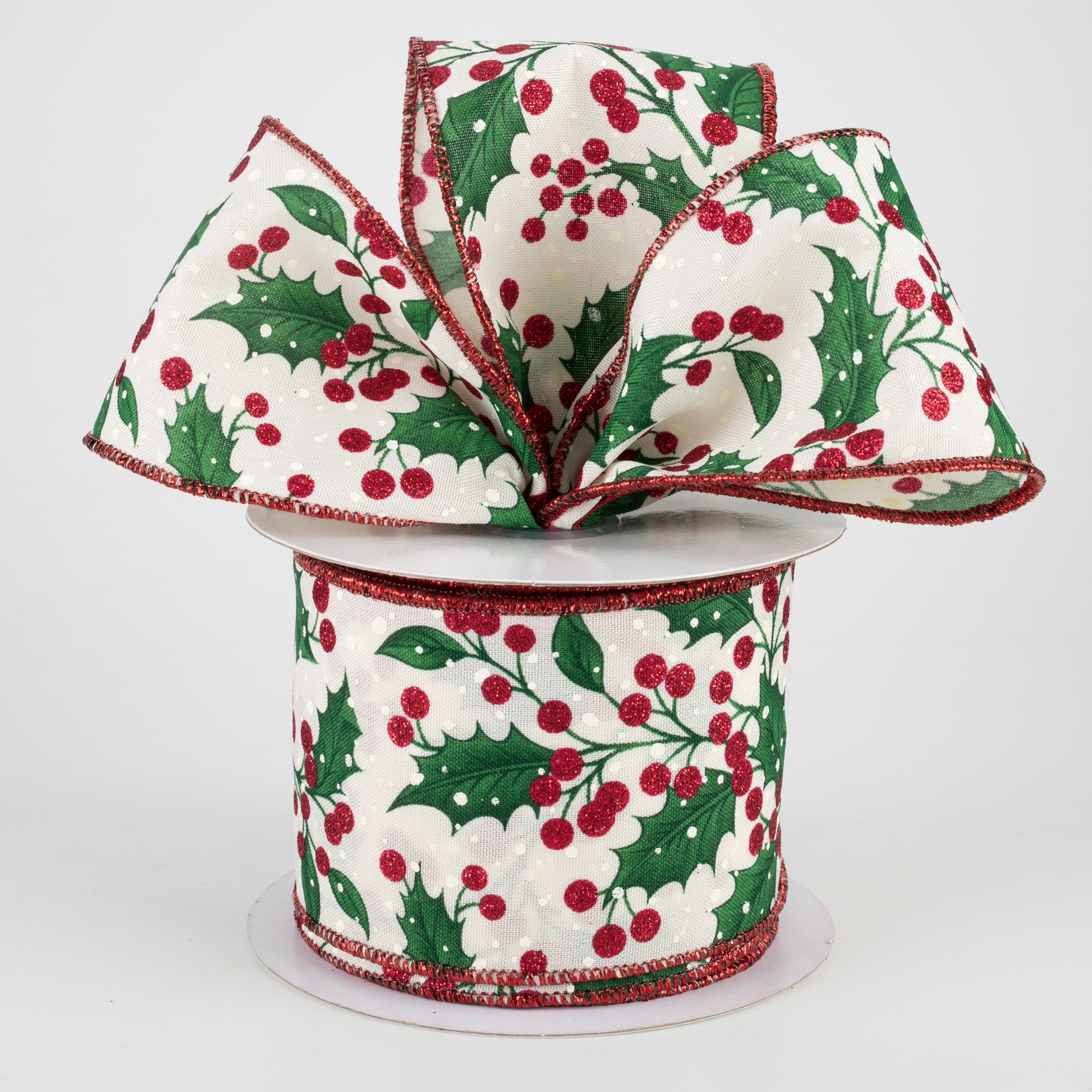2.5" Holly Leaves & Berries Ribbon: Cream, Red, Green, Ivory (10 Yards) Lifestyle Photo