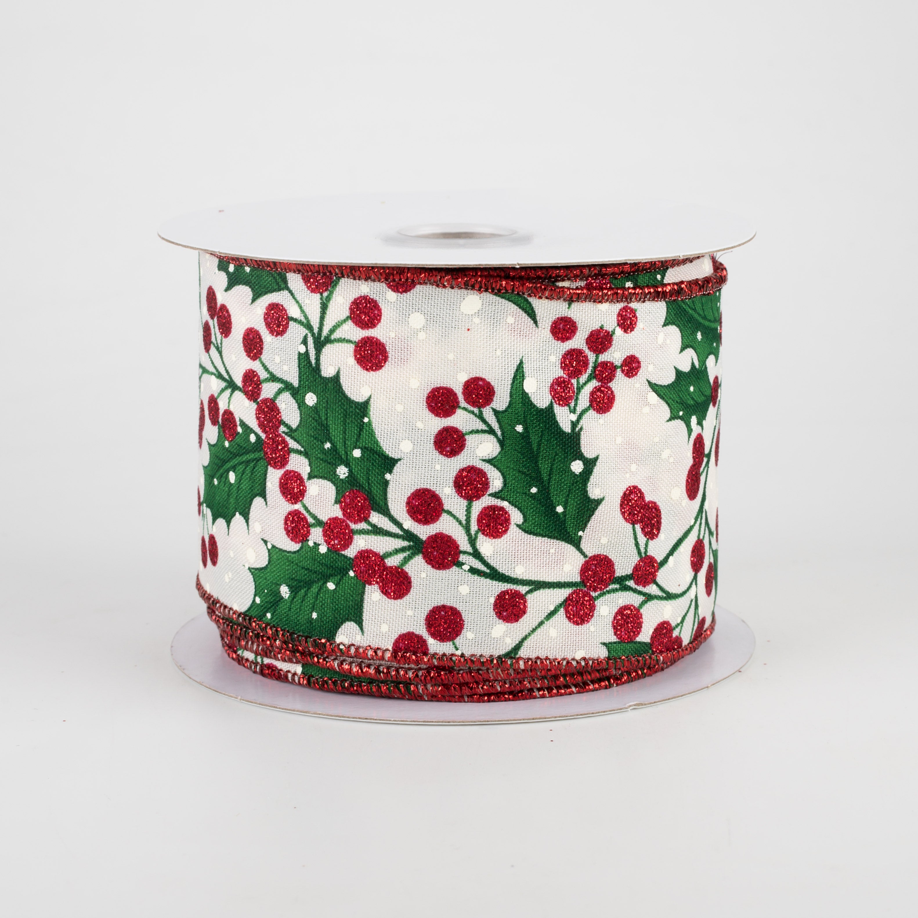 2.5" Holly Leaves & Berries Ribbon: Cream, Red, Green, Ivory (10 Yards)