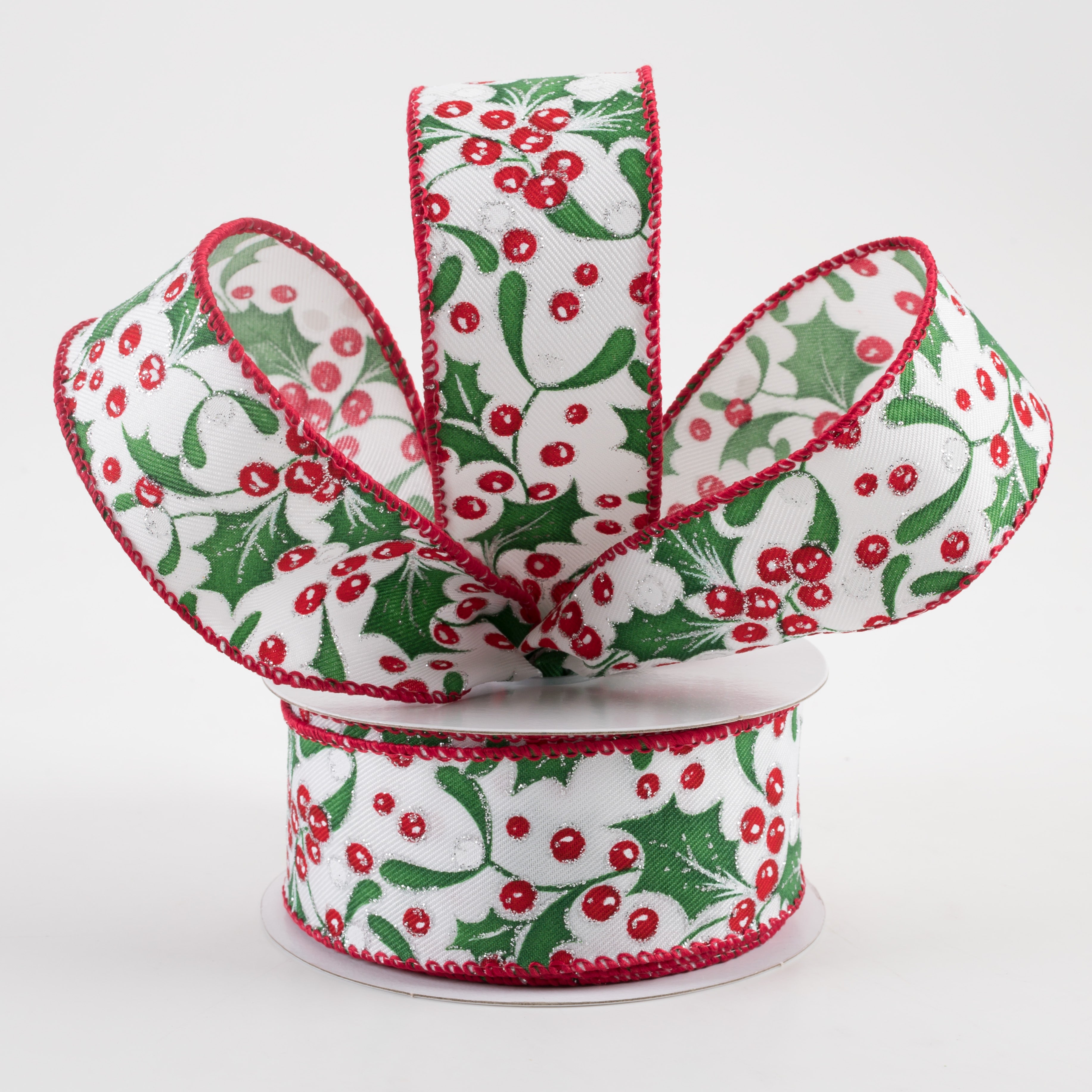1.5” Holly Silver Glitter Ribbon: White (10 Yards) Lifestyle Photo