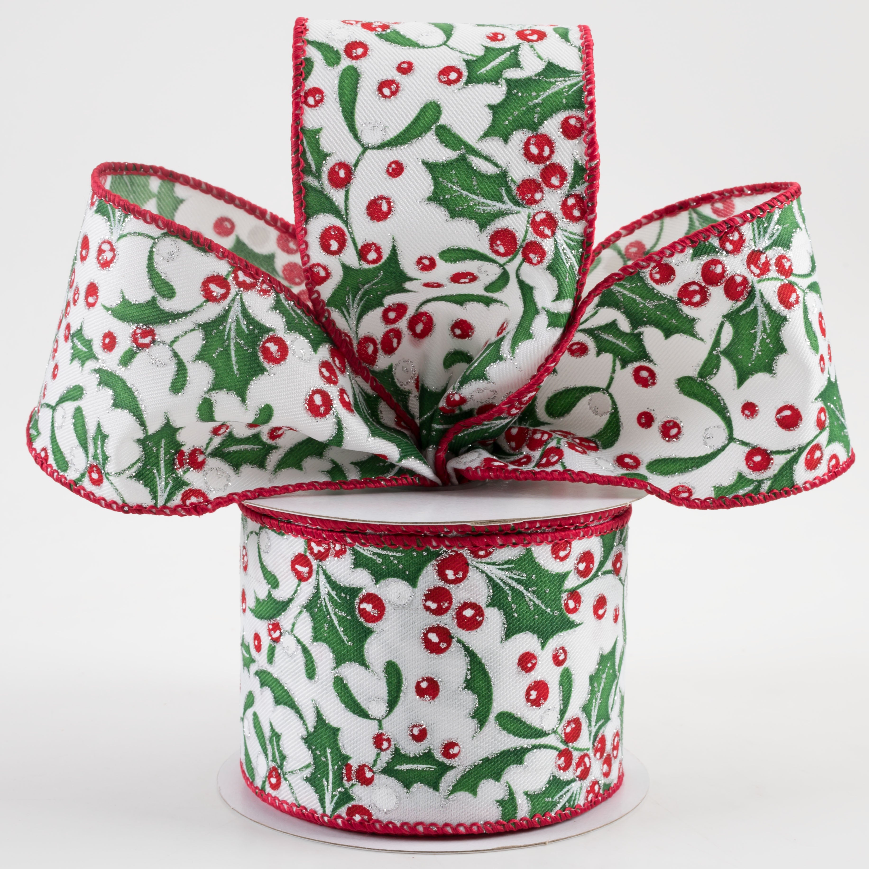 2.5" Holly Silver Glitter Ribbon: White (10 Yards) Lifestyle Photo