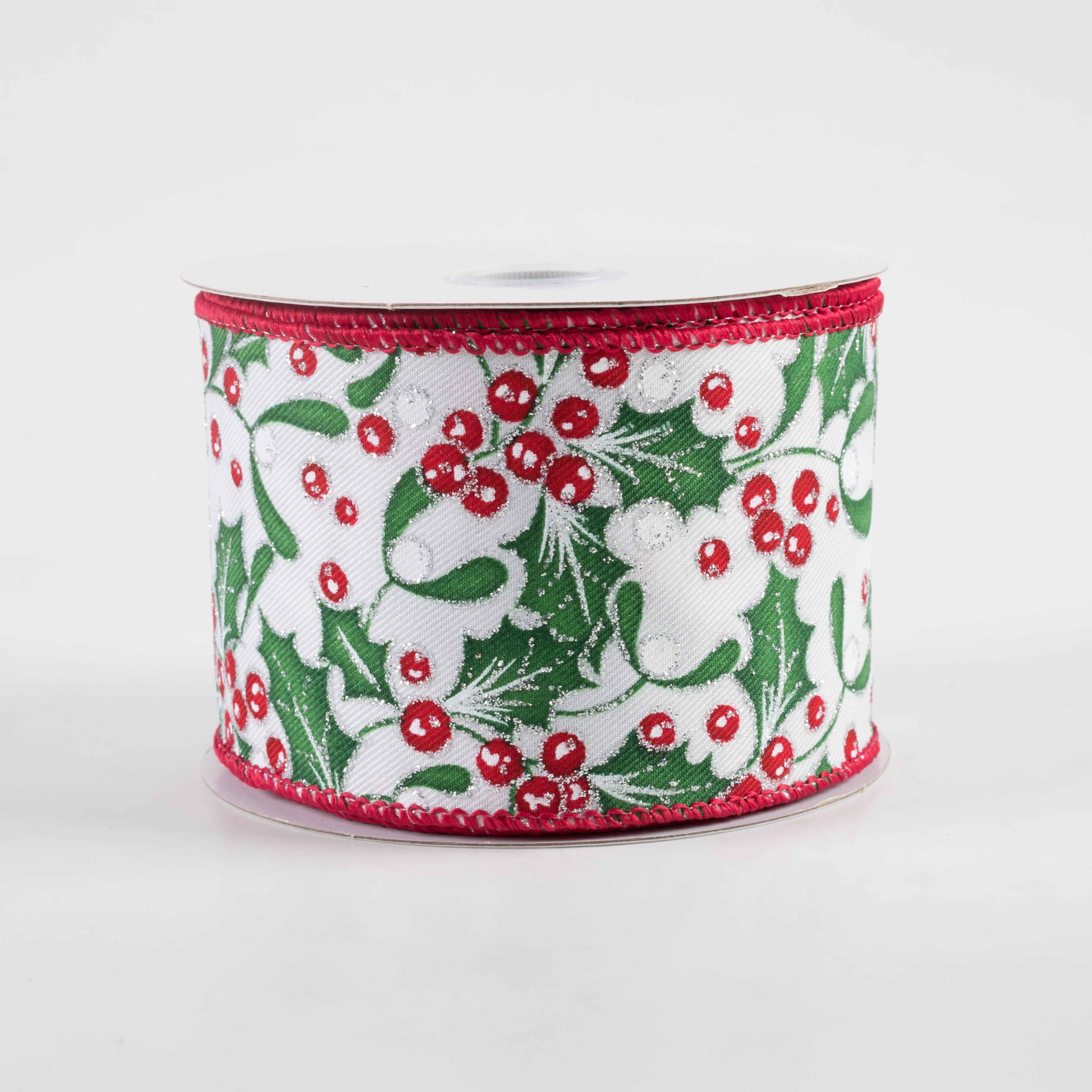 2.5" Holly Silver Glitter Ribbon: White (10 Yards)