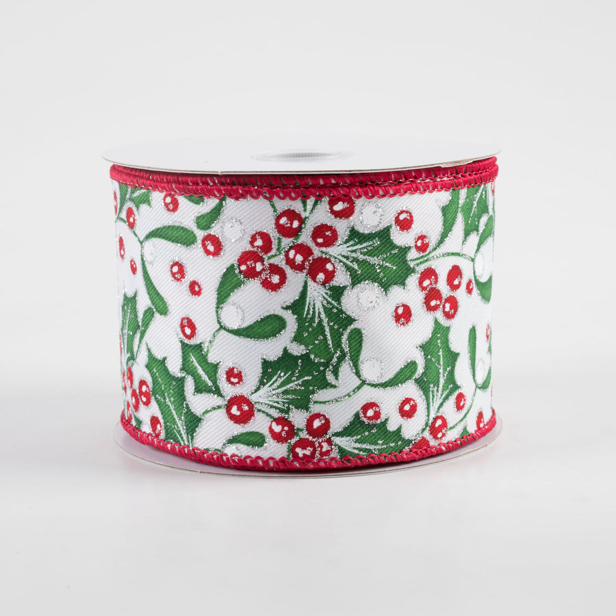 2.5" Holly Silver Glitter Ribbon: White (10 Yards)