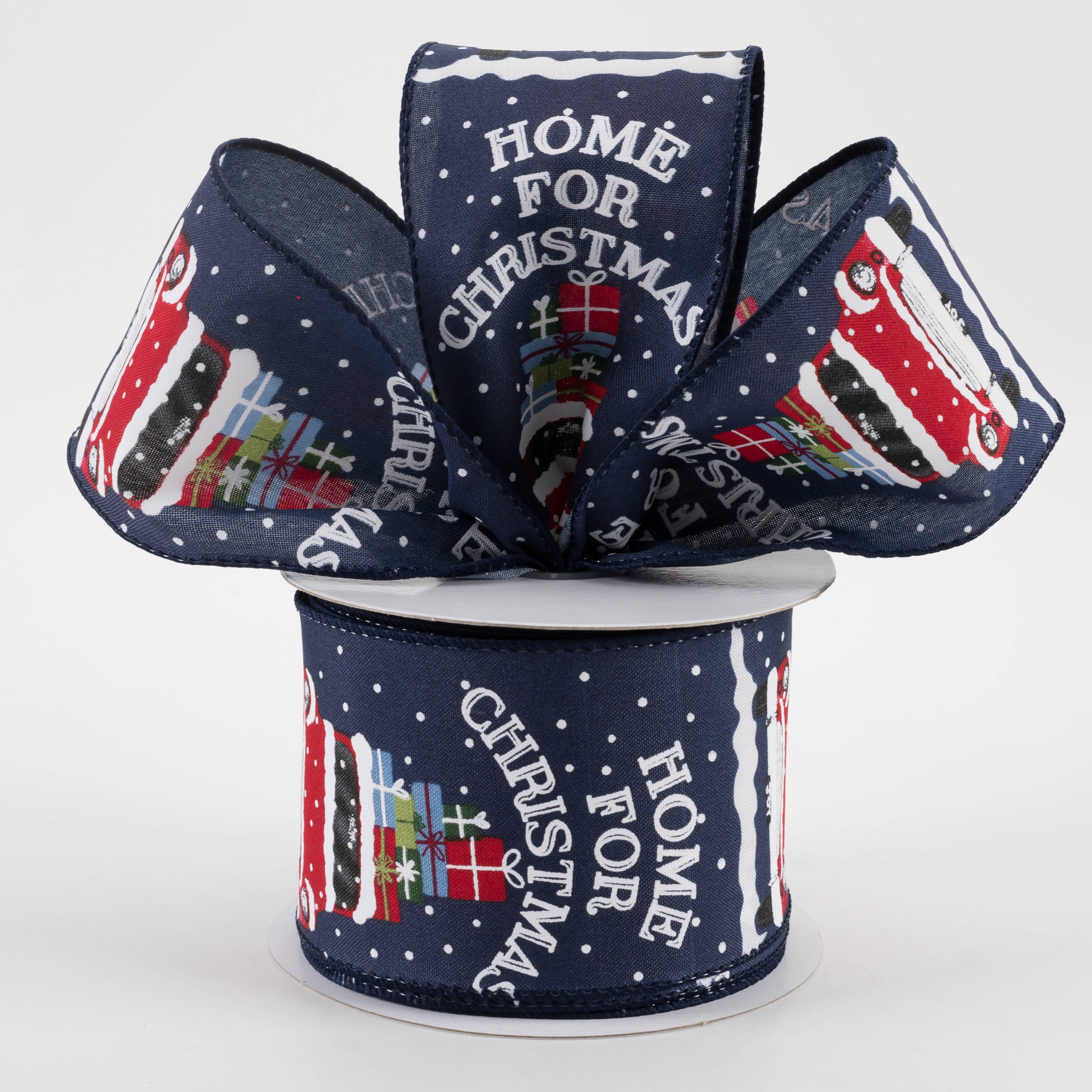 2.5" Home For Christmas Car Satin Ribbon: Navy (10 Yards) Lifestyle Photo