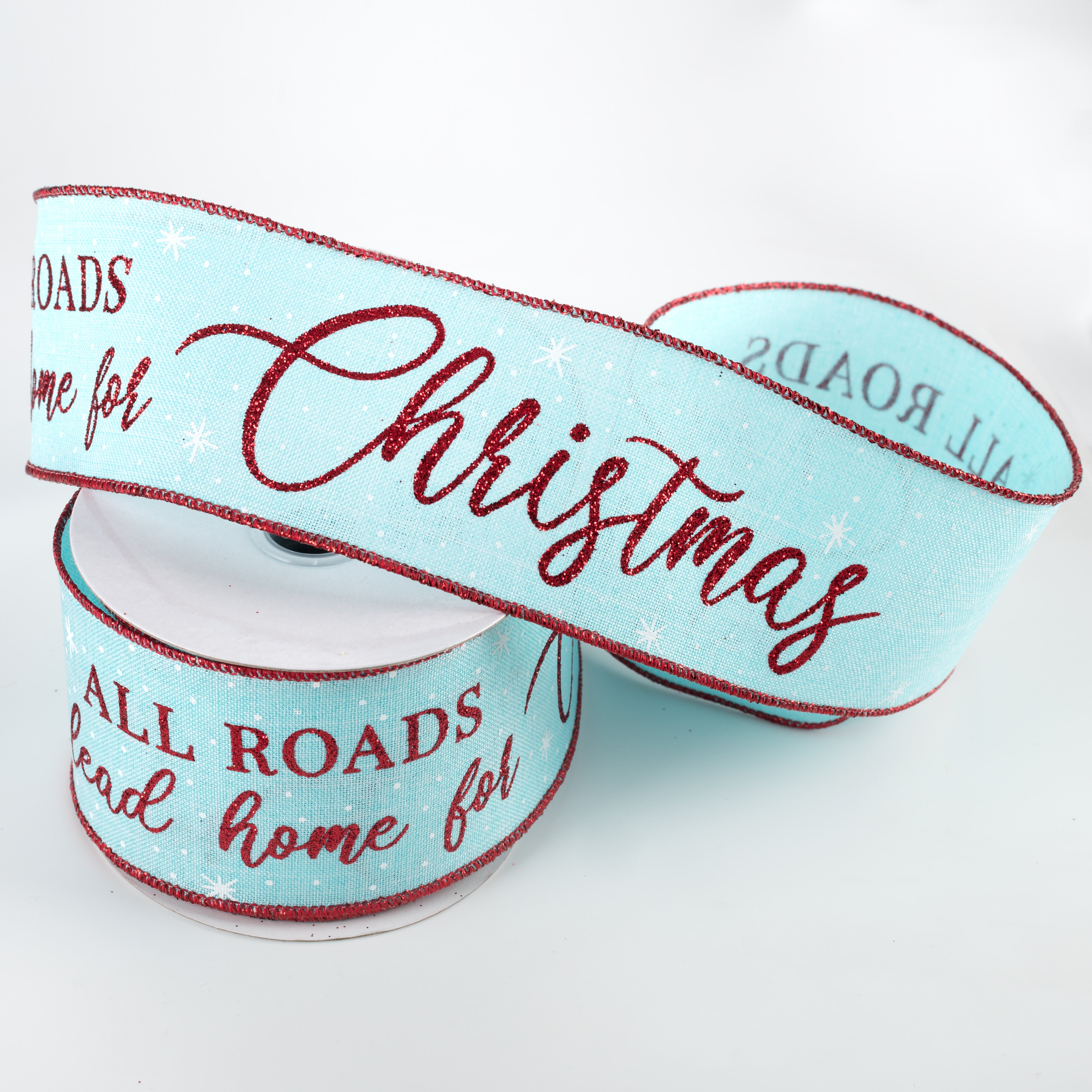 2.5" Home For Christmas Ribbon: Ice Blue (10 Yards) Lifestyle Photo