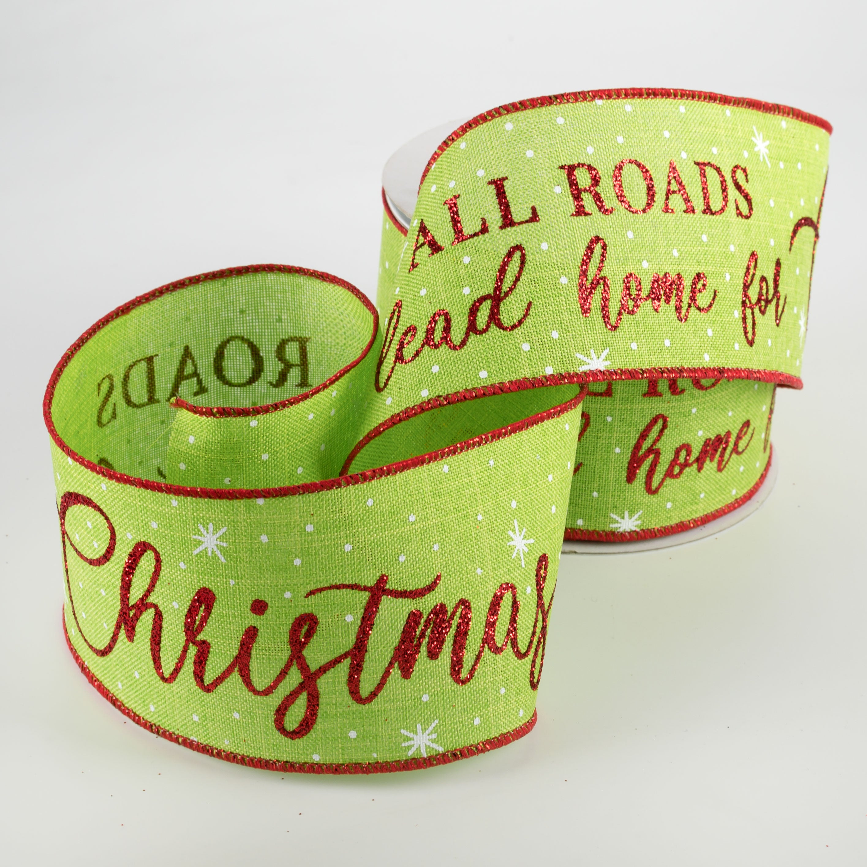 2.5" Home For Christmas Ribbon: Lime Green (10 Yards) Lifestyle Photo