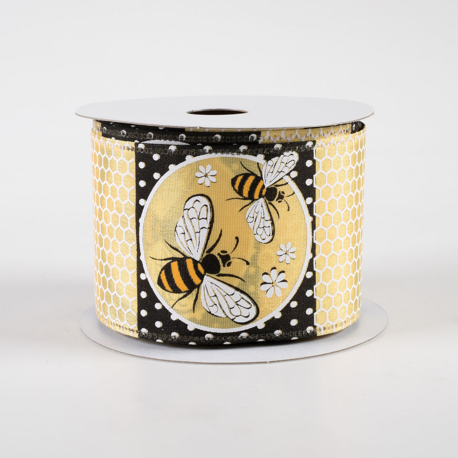2.5" Honeycomb Bee Circles Linen Ribbon: Pale Yellow (10 Yards)