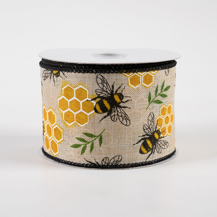 2.5" Honeycomb Bee Linen Ribbon: Natural (10 Yards)