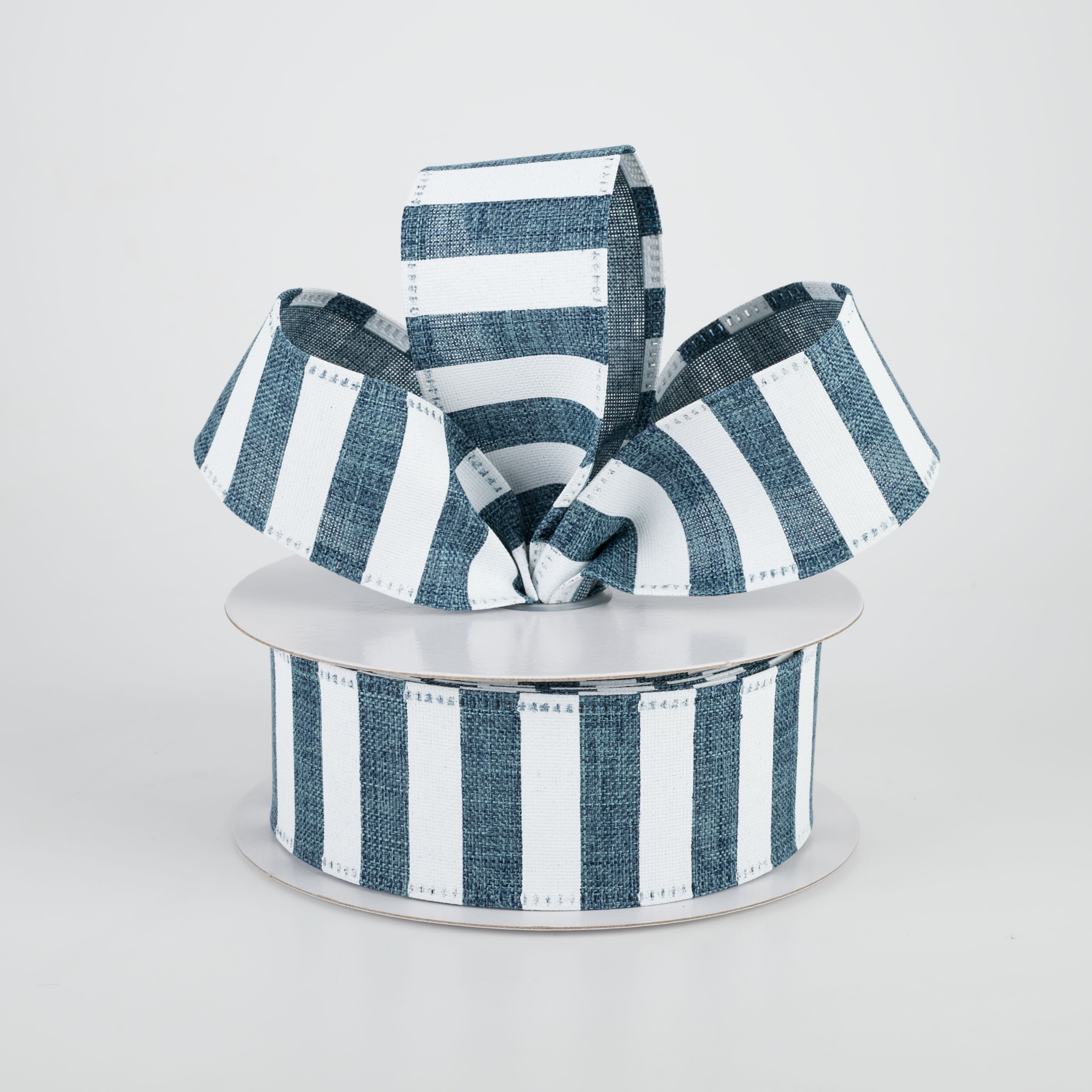 1.5" Horizontal Linen Stripe Ribbon: Denim & White (10 Yards) Lifestyle Photo