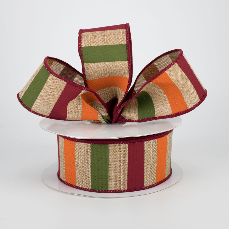 1.5" Horizontal Stripe Ribbon: Beige, Dark Moss, Burgundy, Orange (10 Yards) Lifestyle Photo