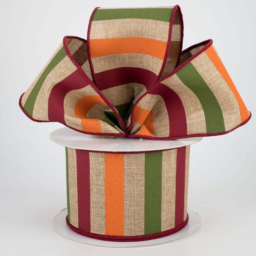 2.5" Horizontal Stripe Ribbon: Beige, Dark Moss, Burgundy, Orange (10 Yards) Lifestyle Photo