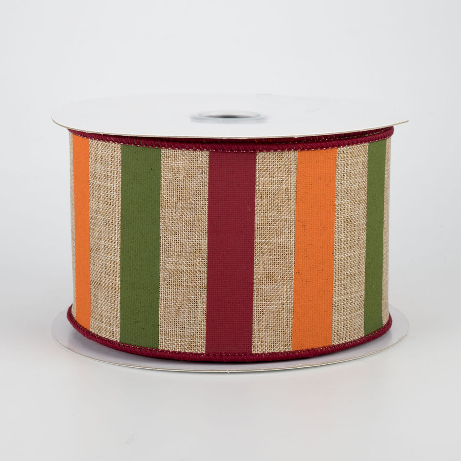 2.5" Horizontal Stripe Ribbon: Beige, Dark Moss, Burgundy, Orange (10 Yards)
