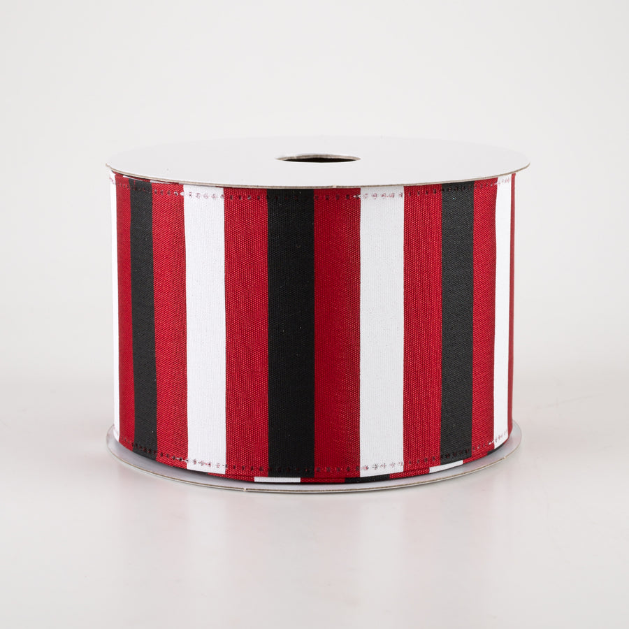 2.5" Horizontal Stripes Satin Ribbon: Black & White on Red (10 Yards)