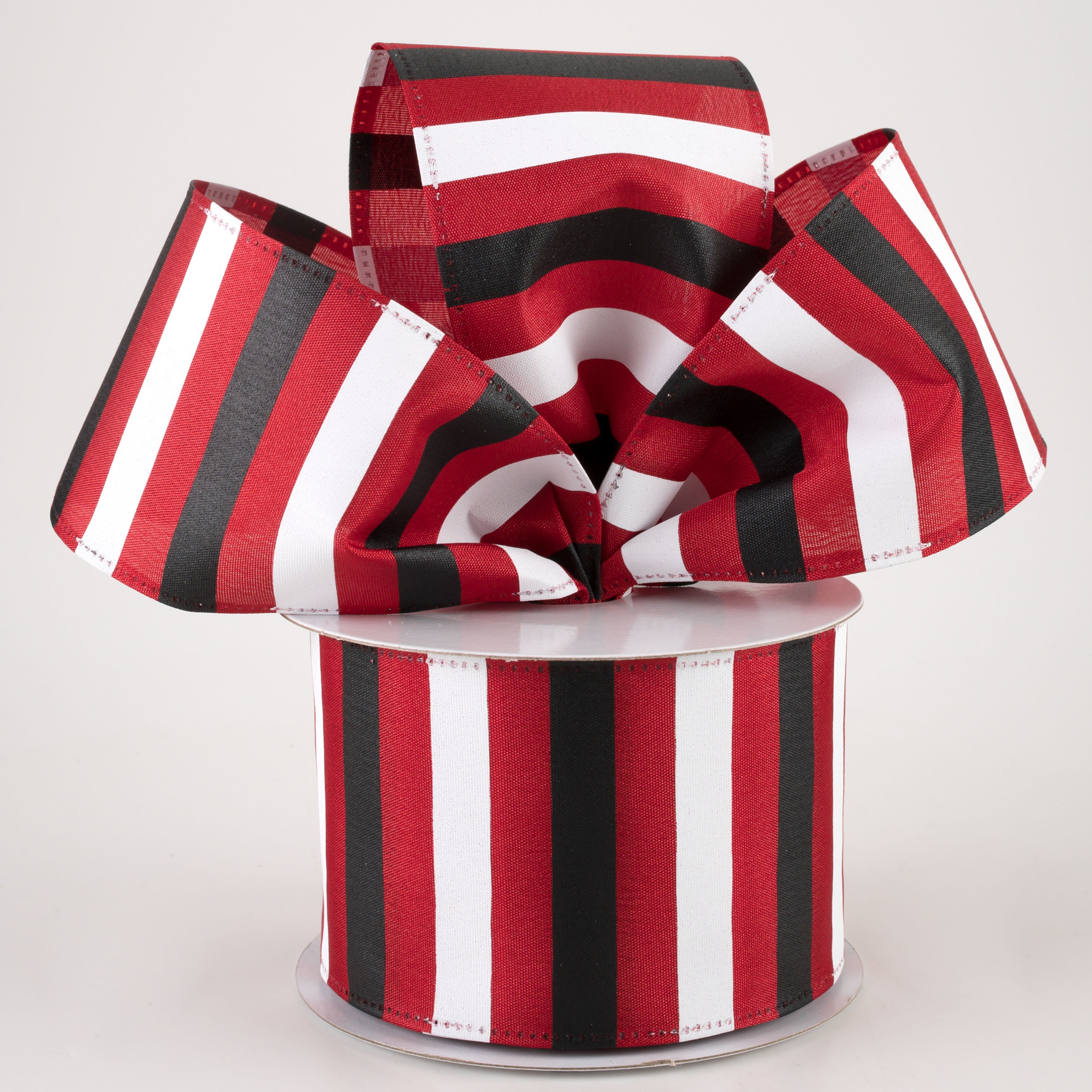 2.5" Horizontal Stripes Satin Ribbon: Black & White on Red (10 Yards) Lifestyle Photo