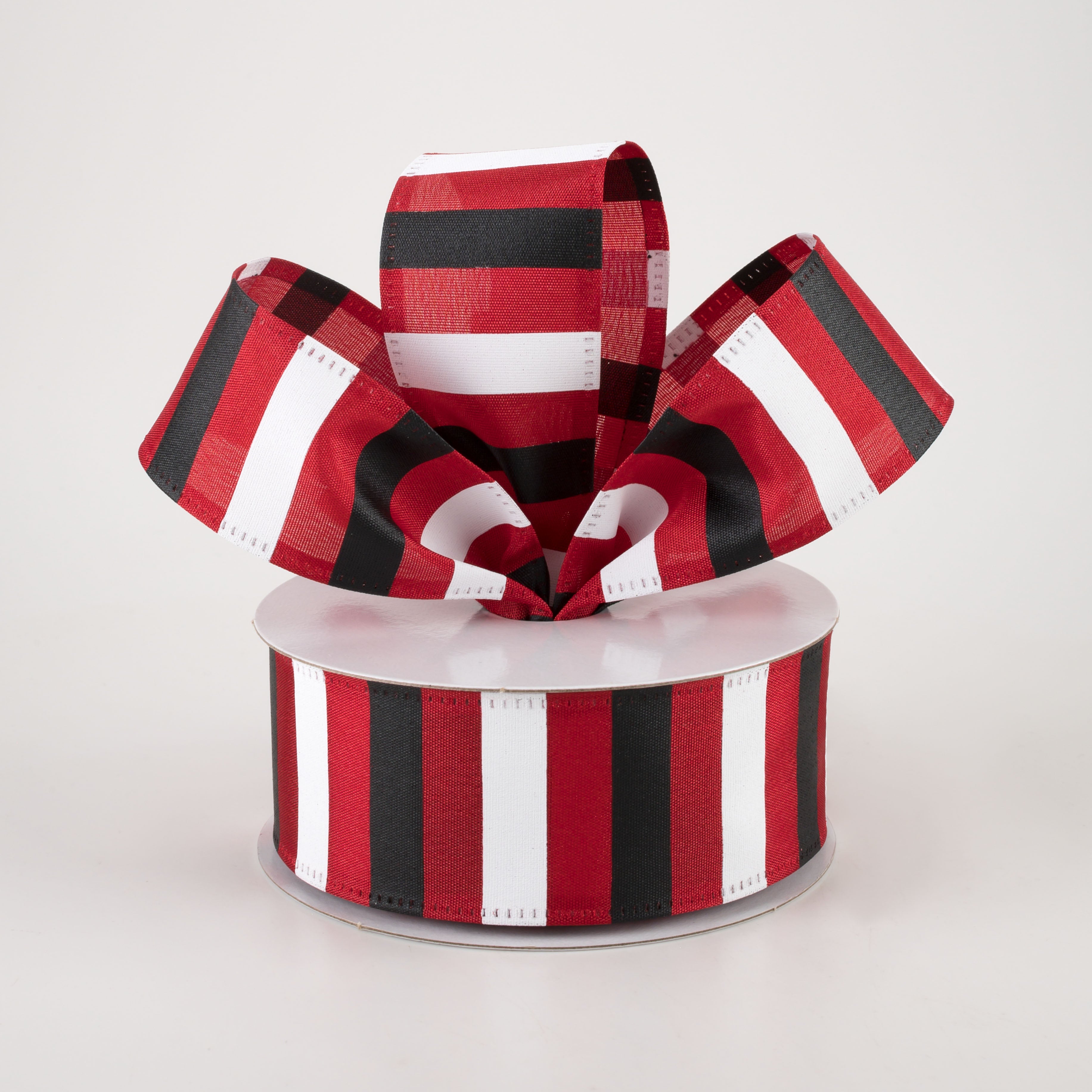 1.5" Horizontal Stripes Satin Ribbon: Black & White on Red (10 Yards) Lifestyle Photo