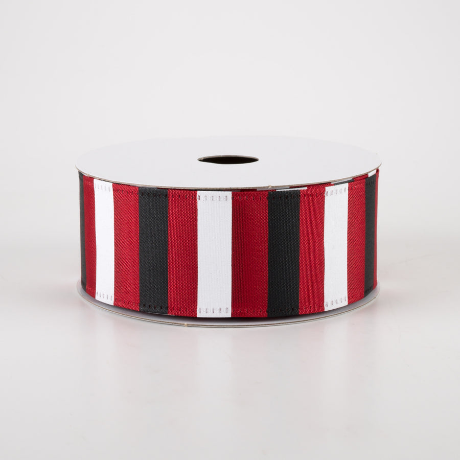 1.5" Horizontal Stripes Satin Ribbon: Black & White on Red (10 Yards)