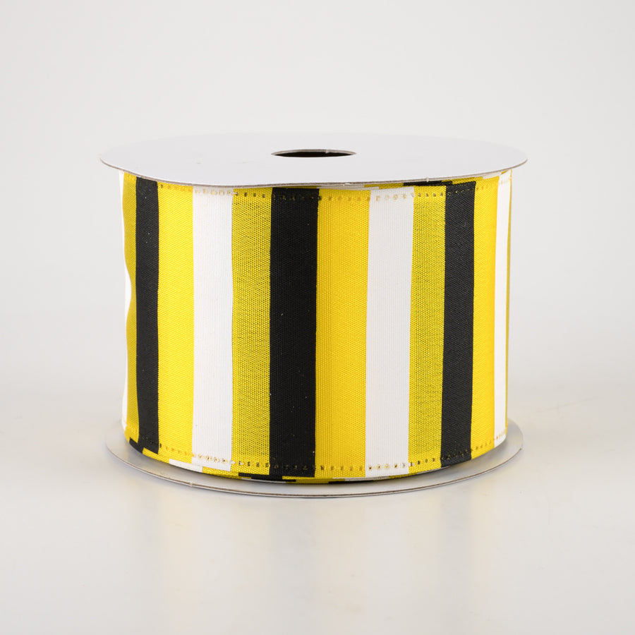 2.5" Horizontal Stripes Satin Ribbon: Black & White on Yellow (10 Yards)
