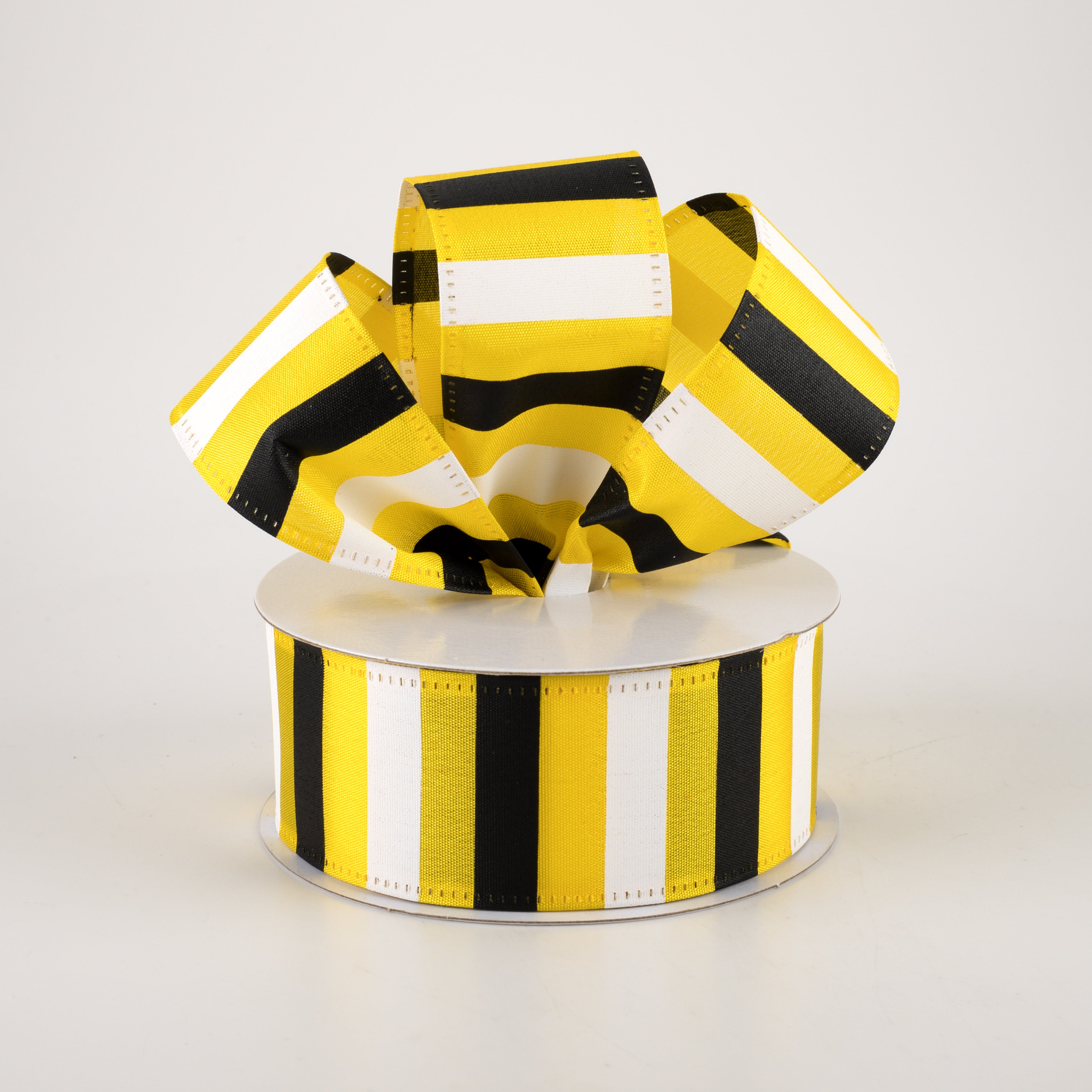 1.5" Horizontal Stripes Satin Ribbon: Black & White on Yellow (10 Yards) Lifestyle Photo