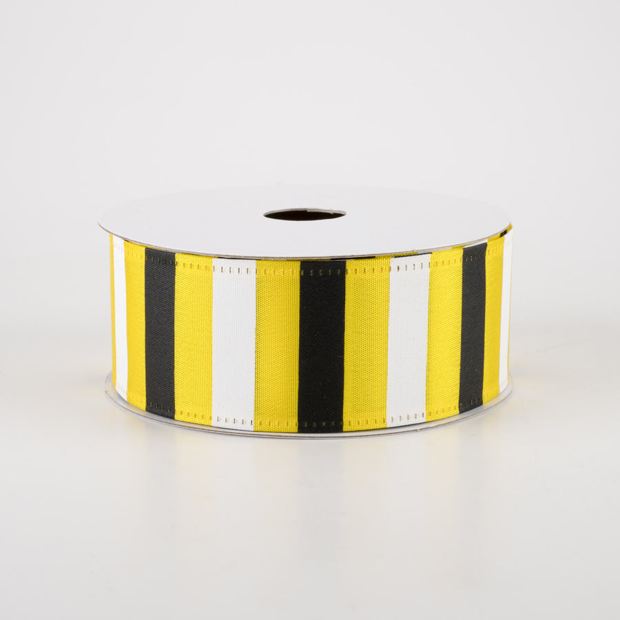 1.5" Horizontal Stripes Satin Ribbon: Black & White on Yellow (10 Yards)