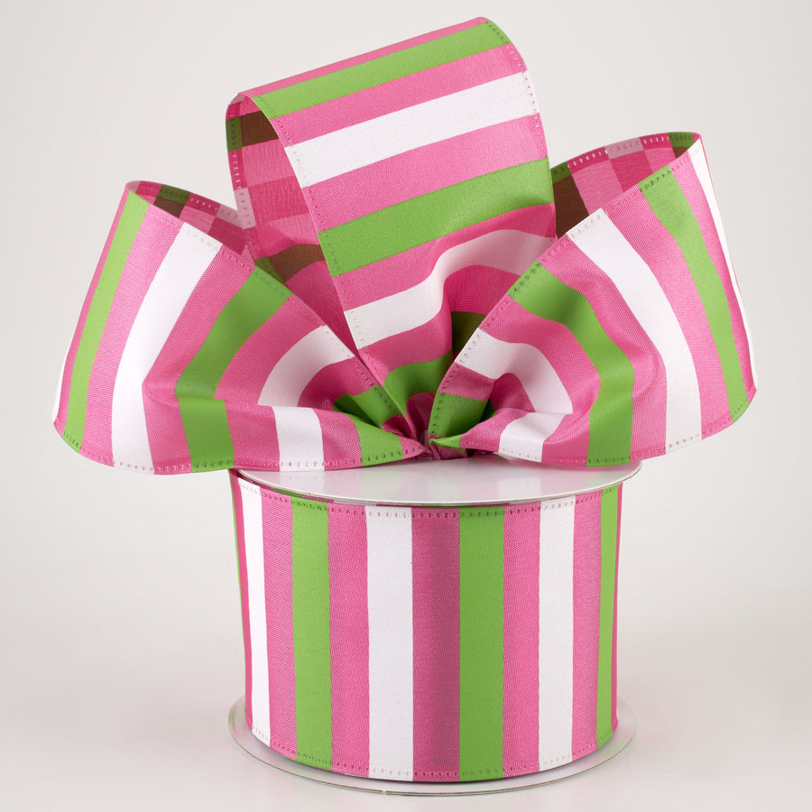 2.5" Horizontal Stripes Satin Ribbon: Lime & White on Fuchsia (10 Yards) Lifestyle Photo