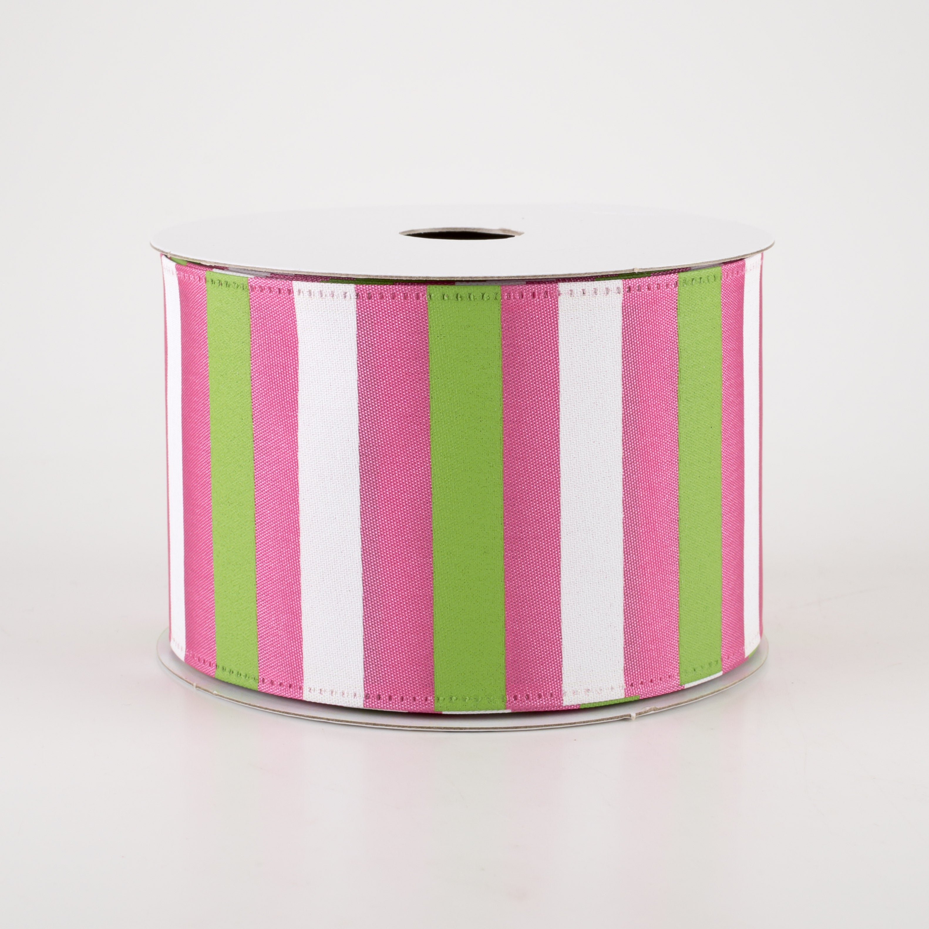 2.5" Horizontal Stripes Satin Ribbon: Lime & White on Fuchsia (10 Yards) Item Number: 45215-40-28