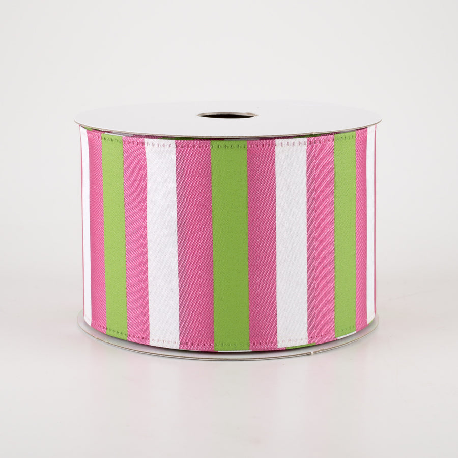2.5" Horizontal Stripes Satin Ribbon: Lime & White on Fuchsia (10 Yards) Item Number: 45215-40-28
