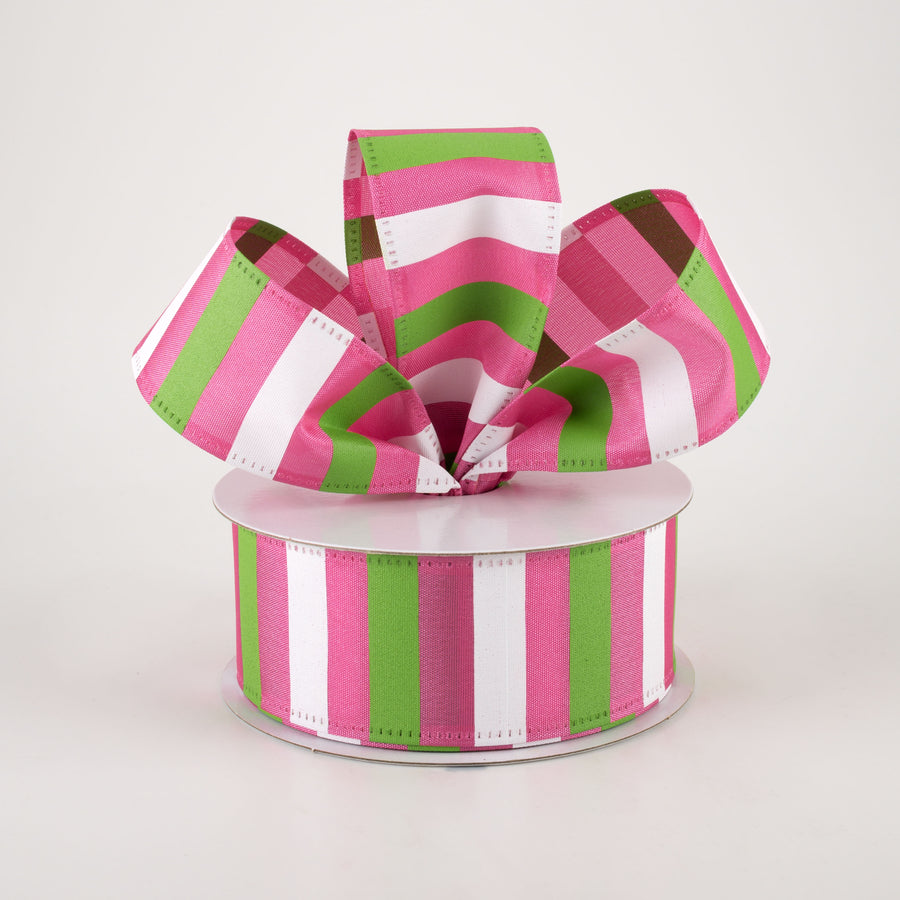 1.5" Horizontal Stripes Satin Ribbon: Lime & White on Fuchsia (10 Yards) Lifestyle Photo