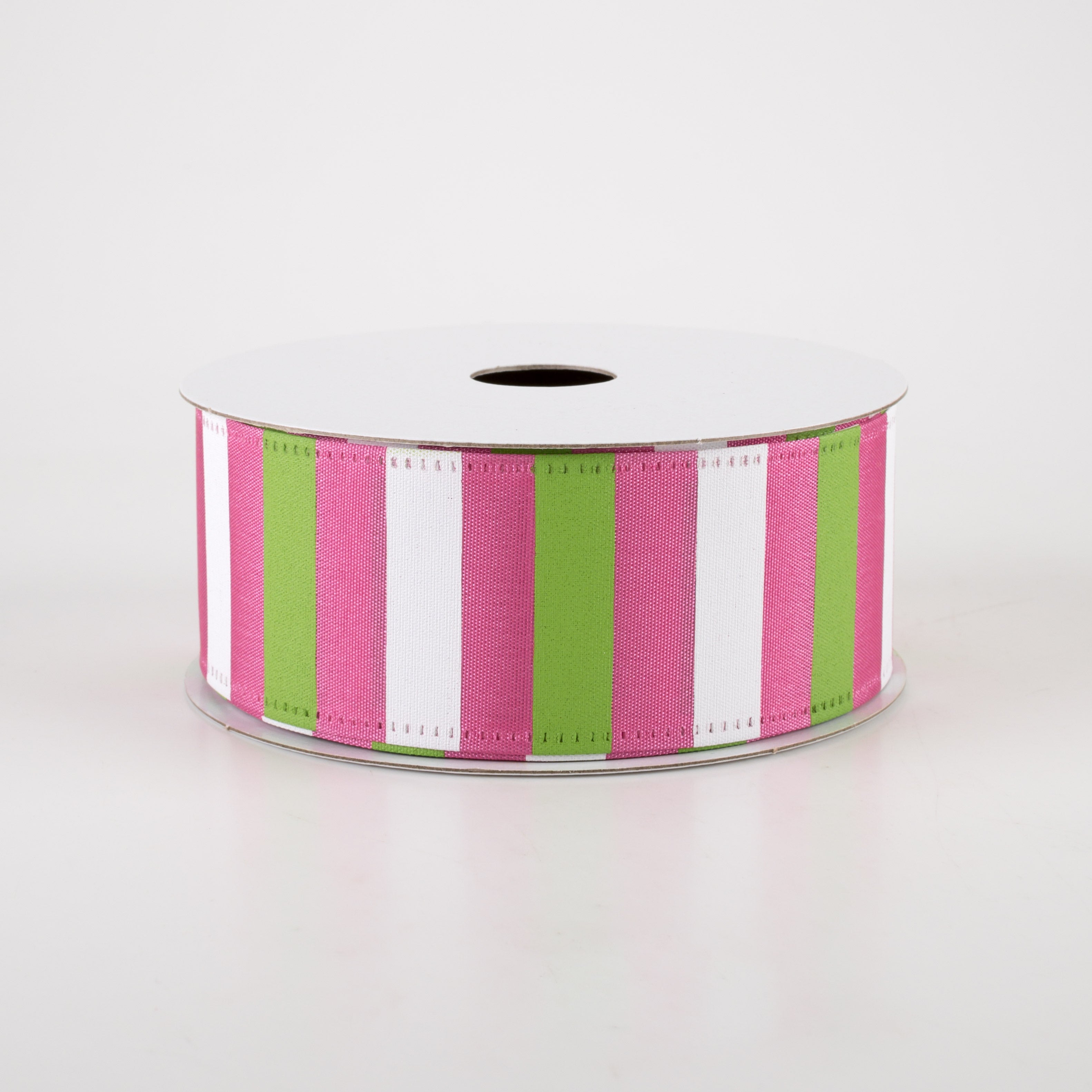 1.5" Horizontal Stripes Satin Ribbon: Lime & White on Fuchsia (10 Yards)