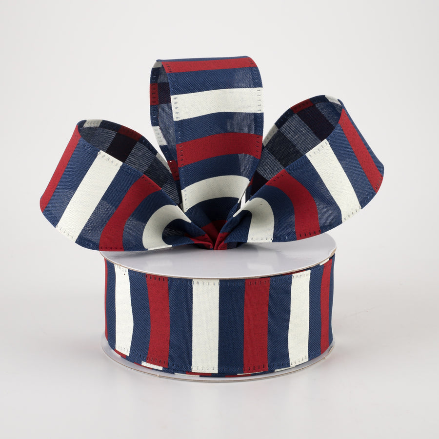 1.5" Horizontal Stripes Satin Ribbon: Red & Ivory on Navy Blue (10 Yards) Lifestyle Photo