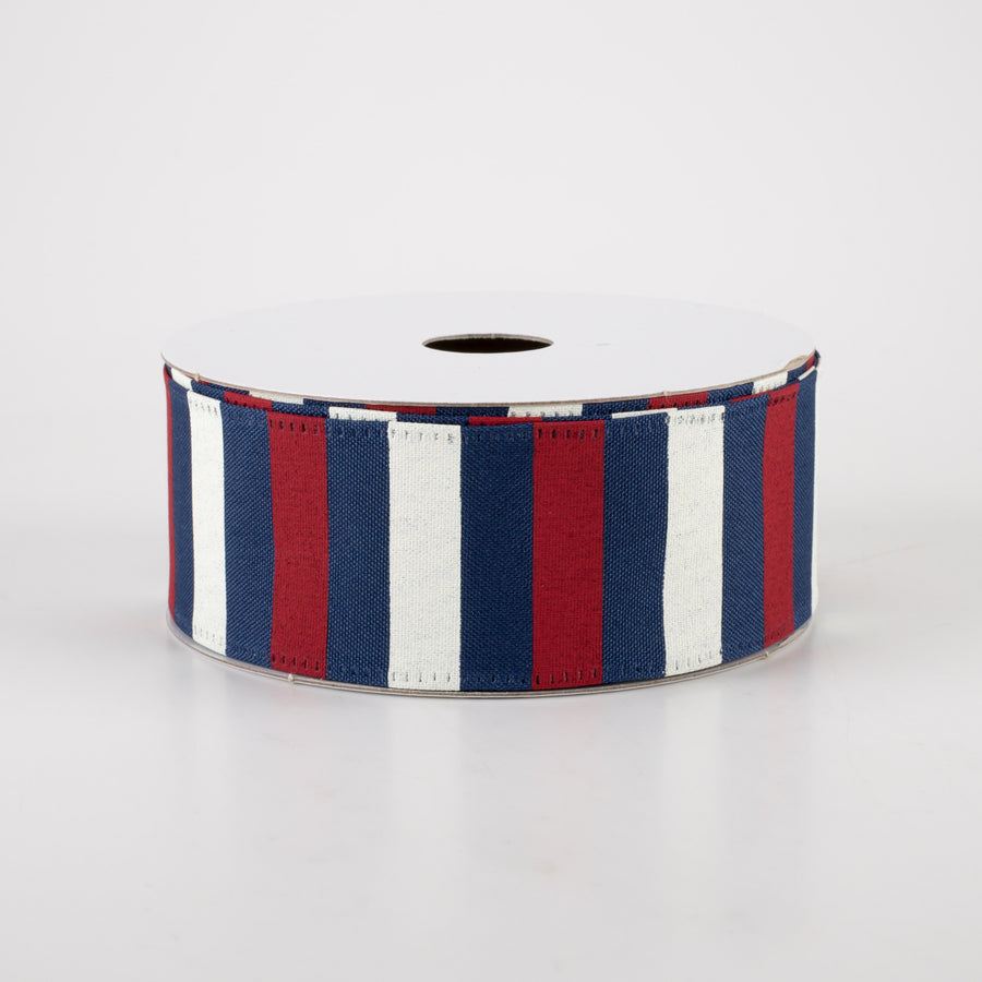 1.5" Horizontal Stripes Satin Ribbon: Red & Ivory on Navy Blue (10 Yards)