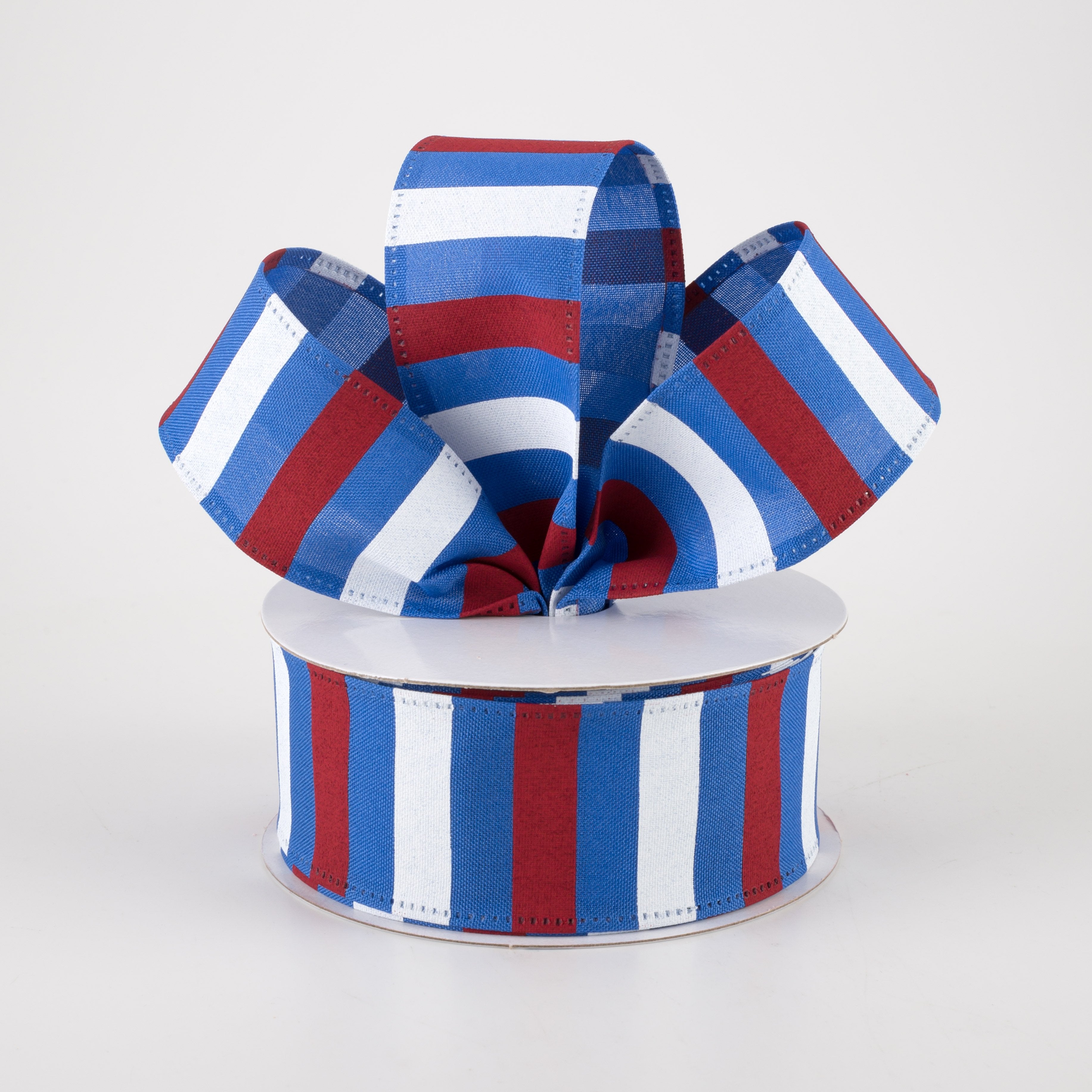 1.5" Horizontal Stripes Satin Ribbon: Red & White on Blue (10 Yards) Lifestyle Photo