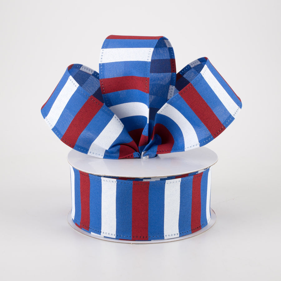 1.5" Horizontal Stripes Satin Ribbon: Red & White on Blue (10 Yards) Lifestyle Photo
