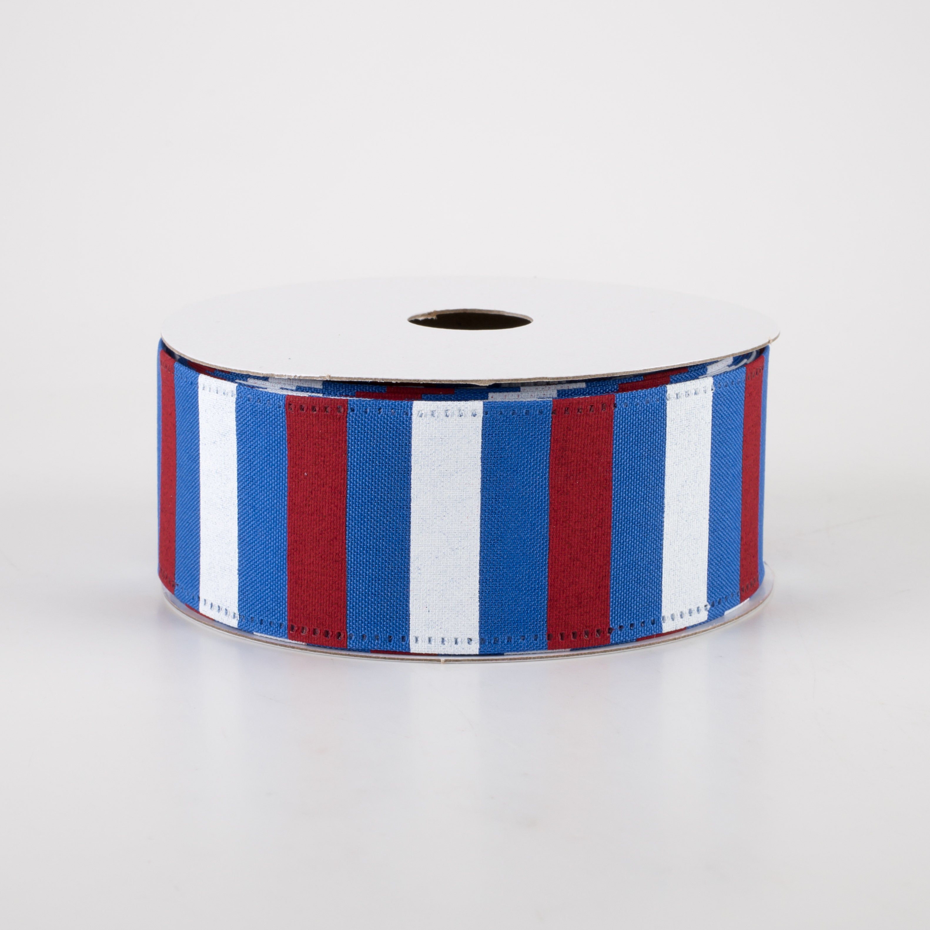 1.5" Horizontal Stripes Satin Ribbon: Red & White on Blue (10 Yards)