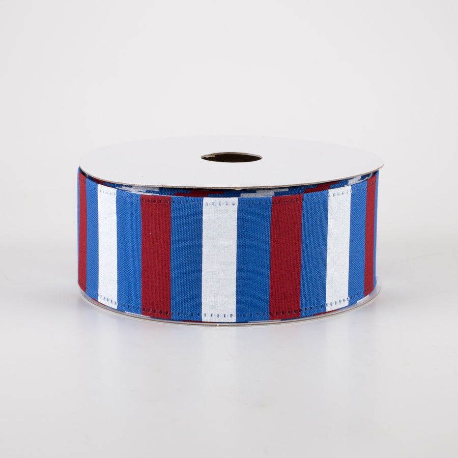 1.5" Horizontal Stripes Satin Ribbon: Red & White on Blue (10 Yards)