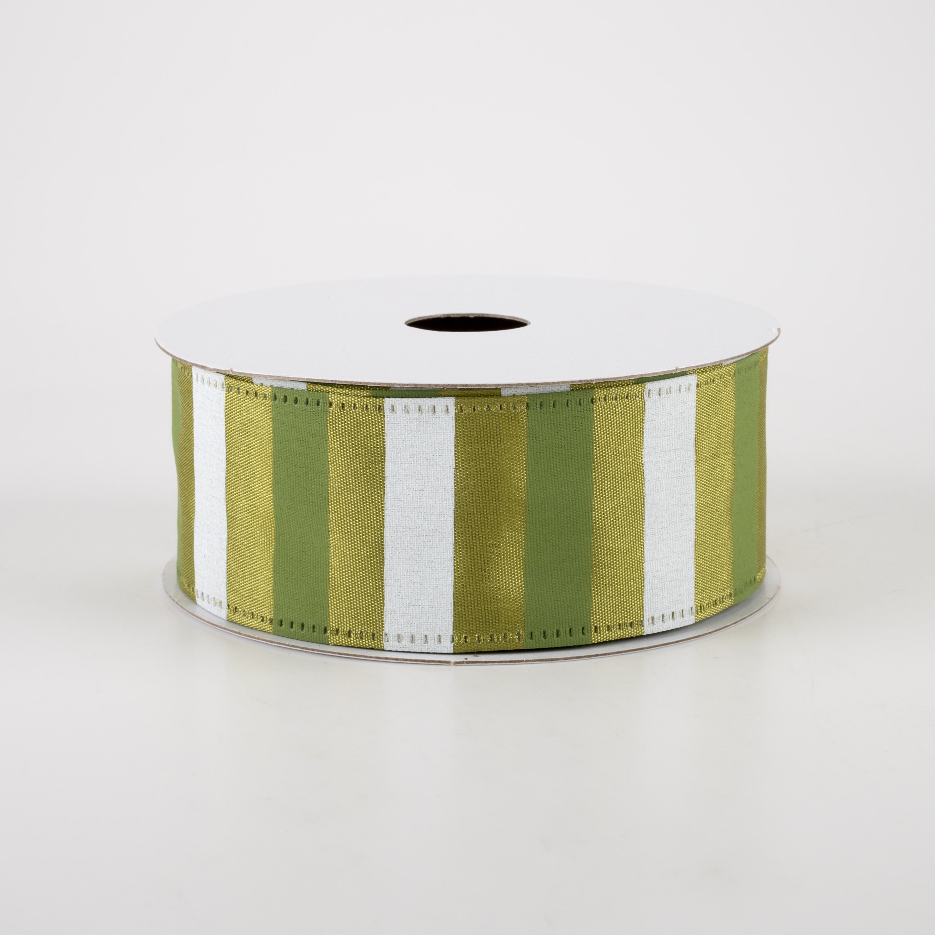 1.5" Horizontal Stripes Satin Ribbon: Sage & White on Moss Green (10 Yards)